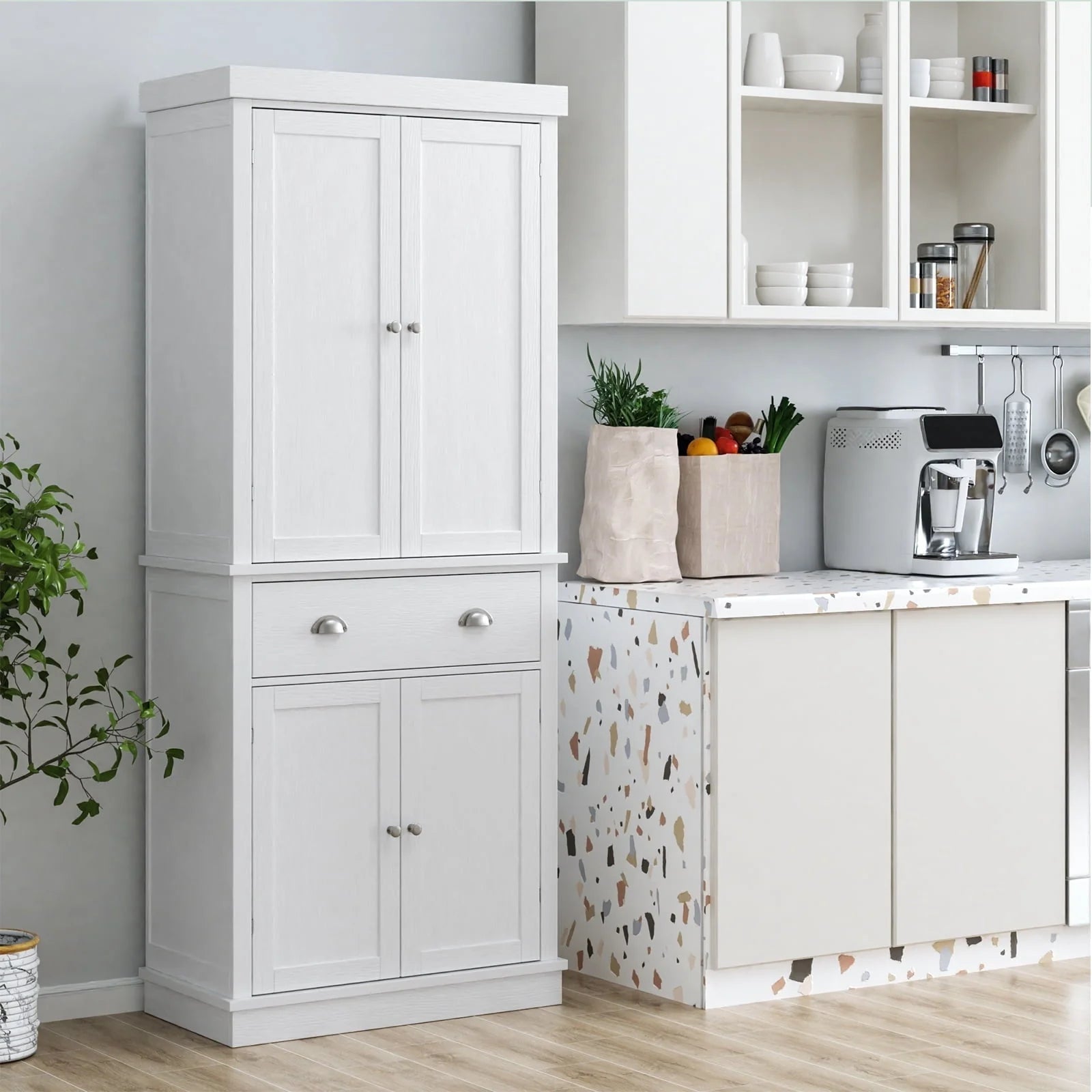 2026 New Homfa 72.4'' Tall Kitchen Pantry with 4 Doors, Large Drawer Storage Cabinet for Dining Room Living Room, White