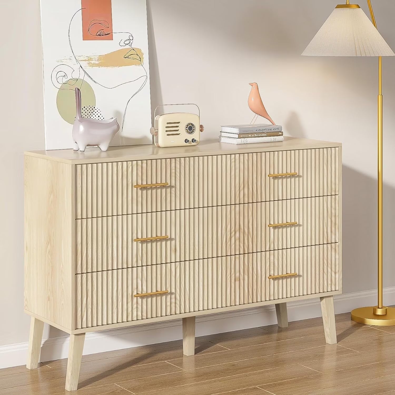 2026 New Fluted 6 Drawers Dresser, Wide Modern Chest of Drawers, 6 Drawer Double Dresser