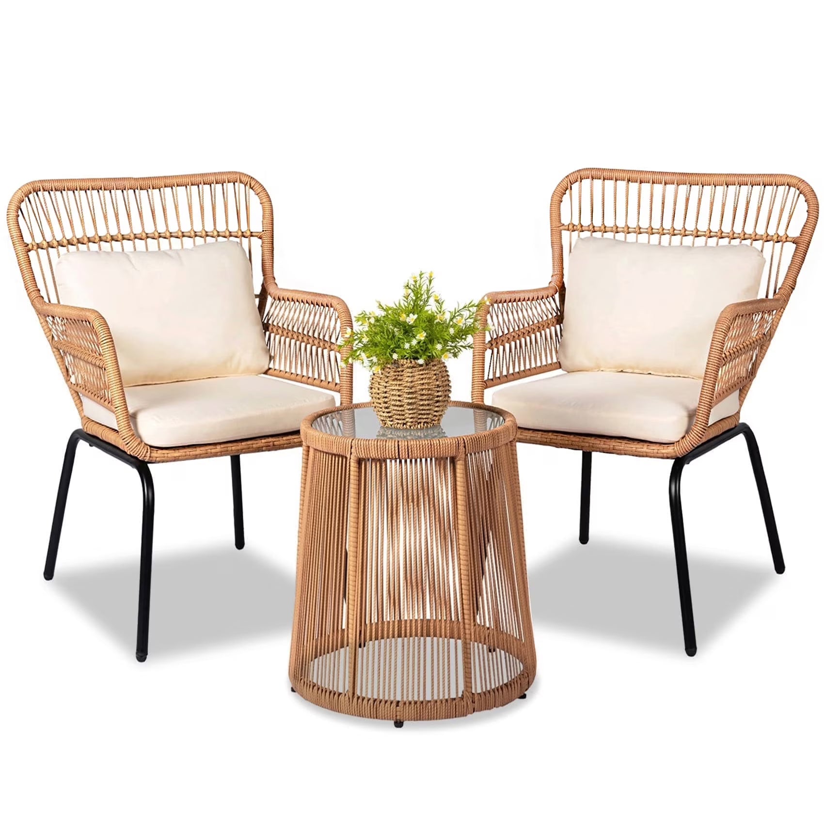 2026 New Tappio 3-Piece Patio Conversation Bistro Set Rattan Furniture, Outdoor Patio Set w/Glass Top Table & Cushions for Garden Balcony Backyard Poolside, Yellow/Beige