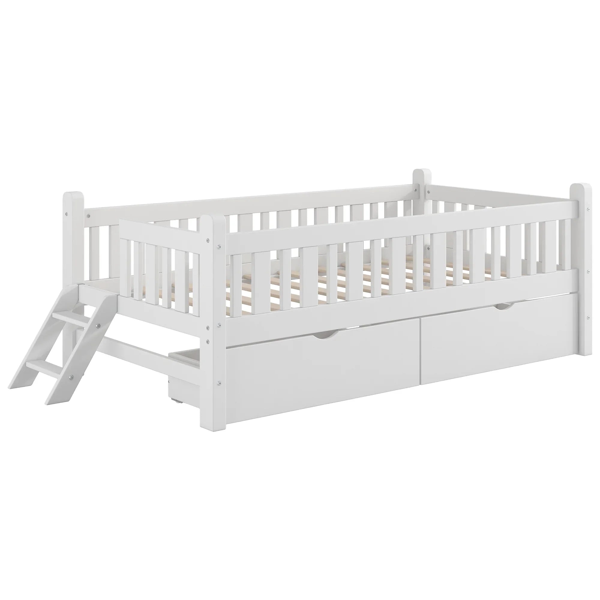 2026 New Euroco Wood Twin Size Platform Bed with 2 Drawers and Ladder for Kids and Toddlers, White - Image 8