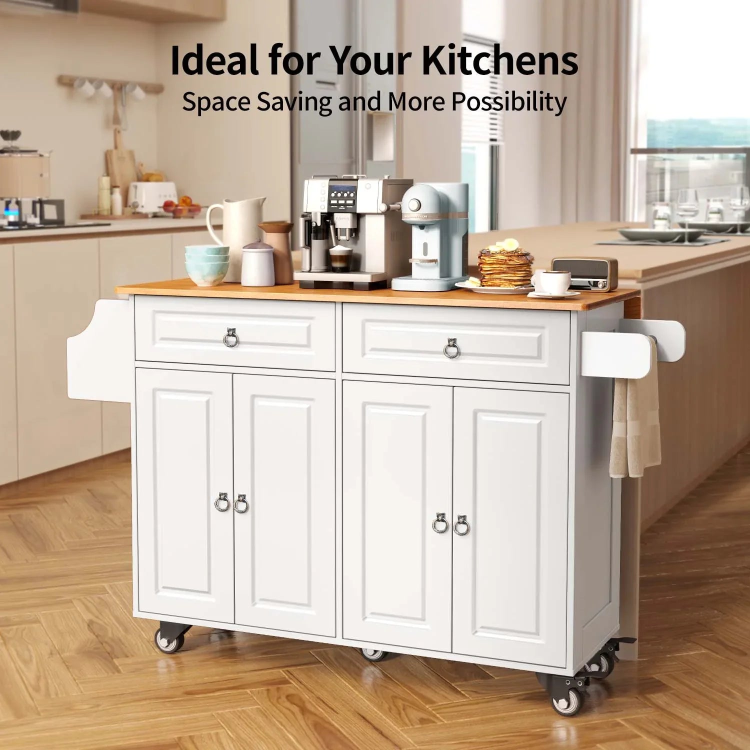 2026 New Lofka 52-Inch Kitchen Island with Storage on Wheels with Wood Drop Leaf, Ideal for Small Kitchens - Image 8