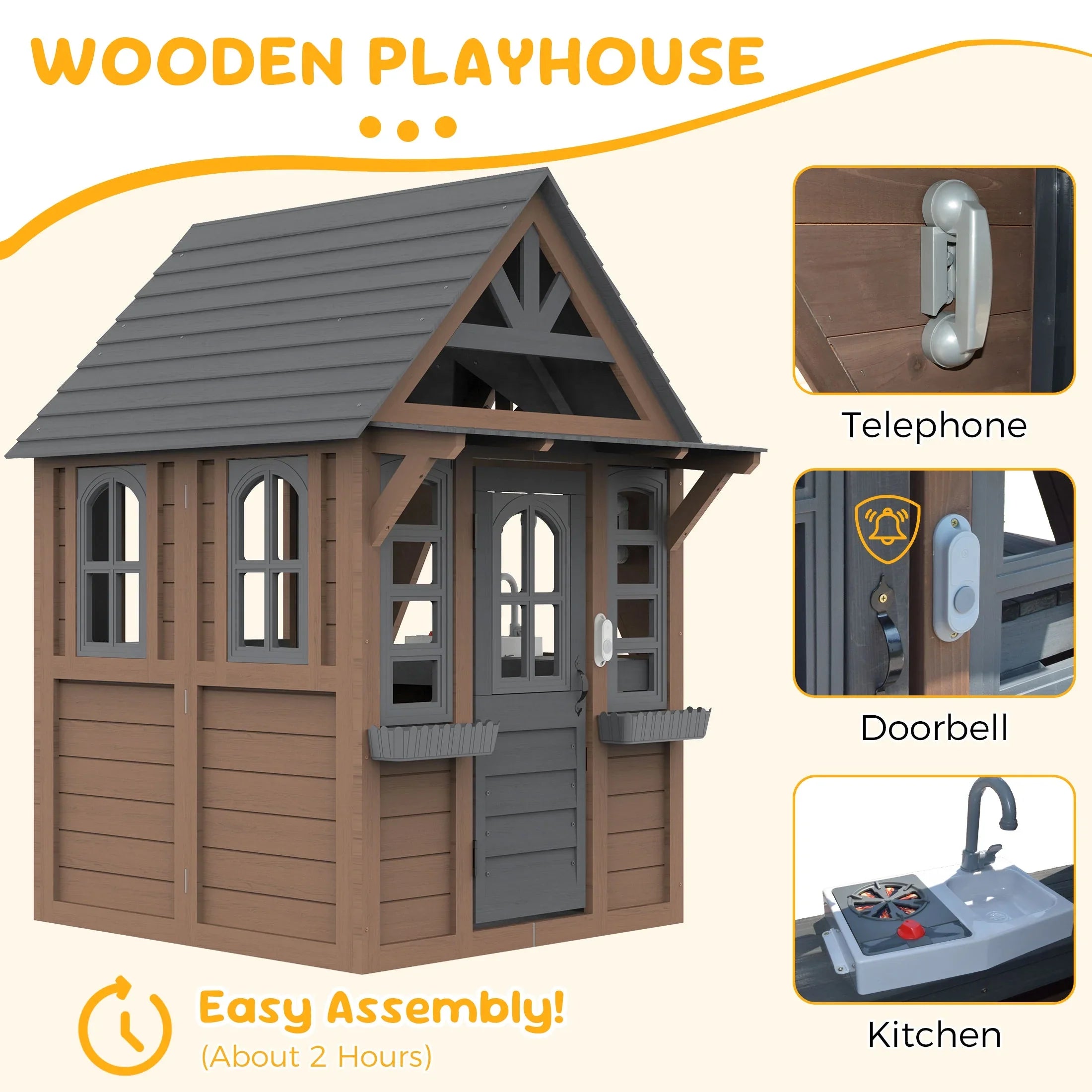 2026 New COCLUB Outdoor Playhouse for Kids Ages 4-8, Wooden Play House with Doorbell, Phone, Kitchen Toys, Outdoor Kids Play Equipment, Casa Para Niñas (45”L x 65”H), White & Black - Image 24