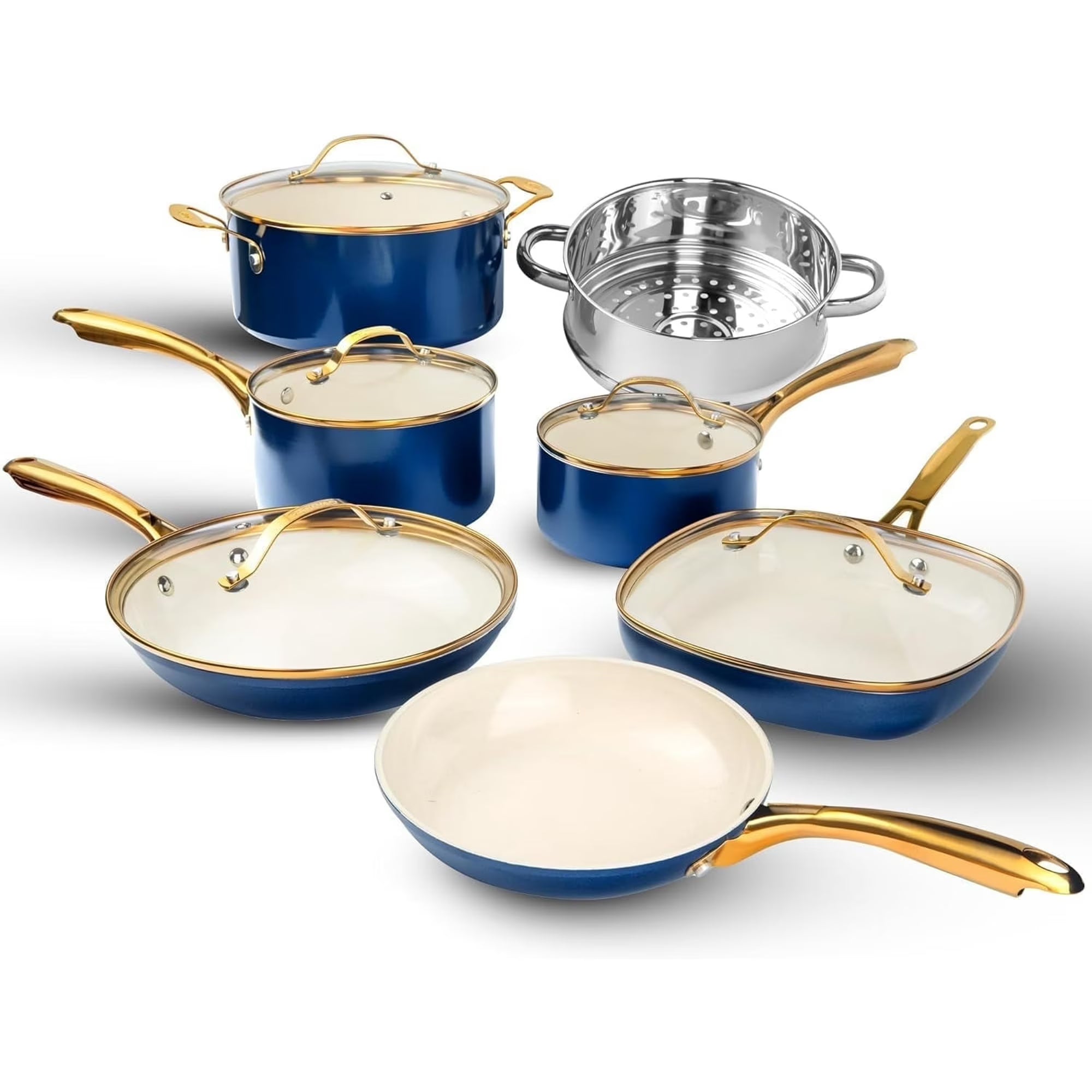2026 New Gotham Steel 12 Pc Ceramic Cookware Set Nonstick, Pots and Pans Set Non Stick for Kitchen with Frying Pan, Sauce Pan, Pots and Pans for Cooking, Non Toxic Cookware Sets, Oven/Dishwasher Safe, Navy