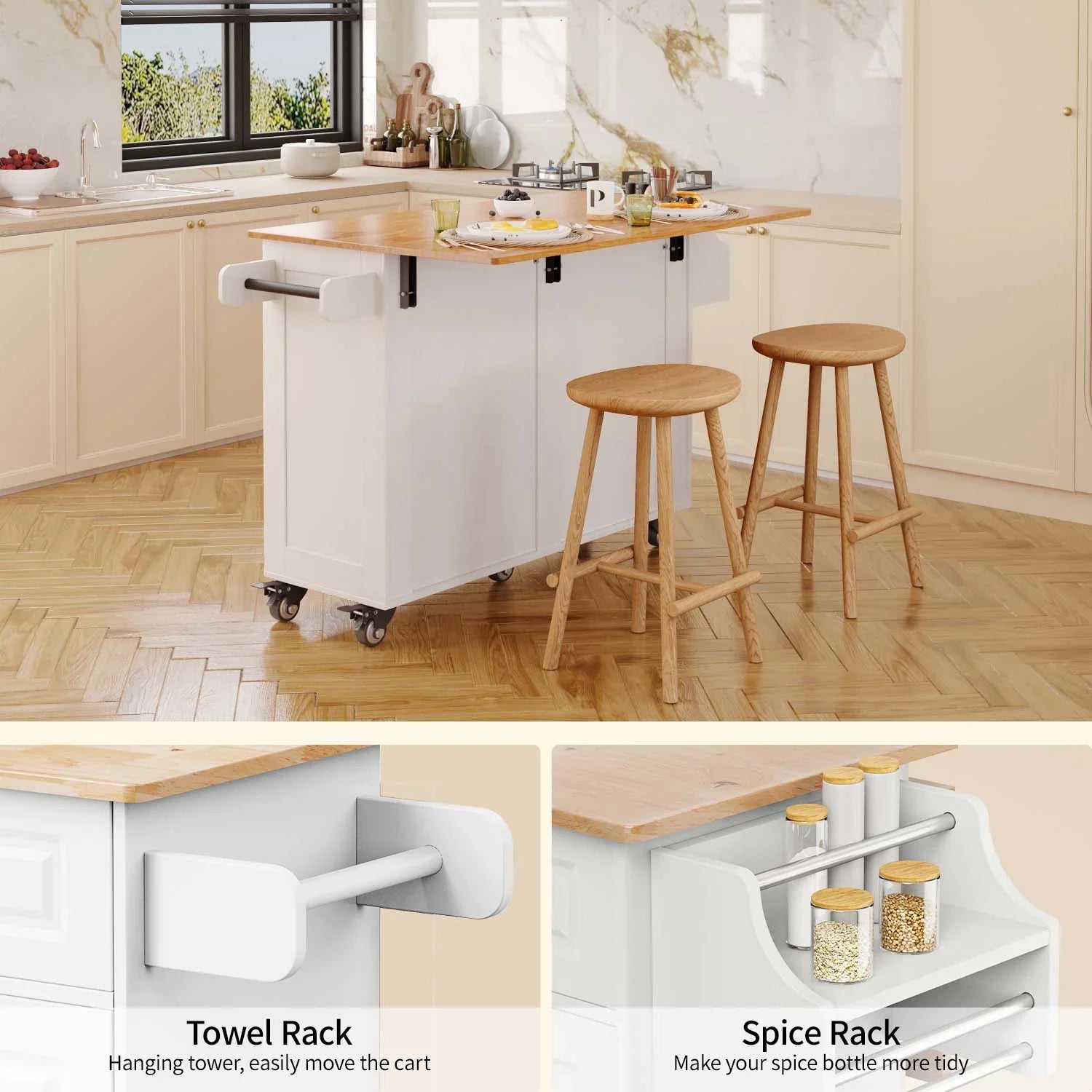 2026 New Lofka 52-Inch Kitchen Island with Storage on Wheels with Wood Drop Leaf, Ideal for Small Kitchens - Image 6
