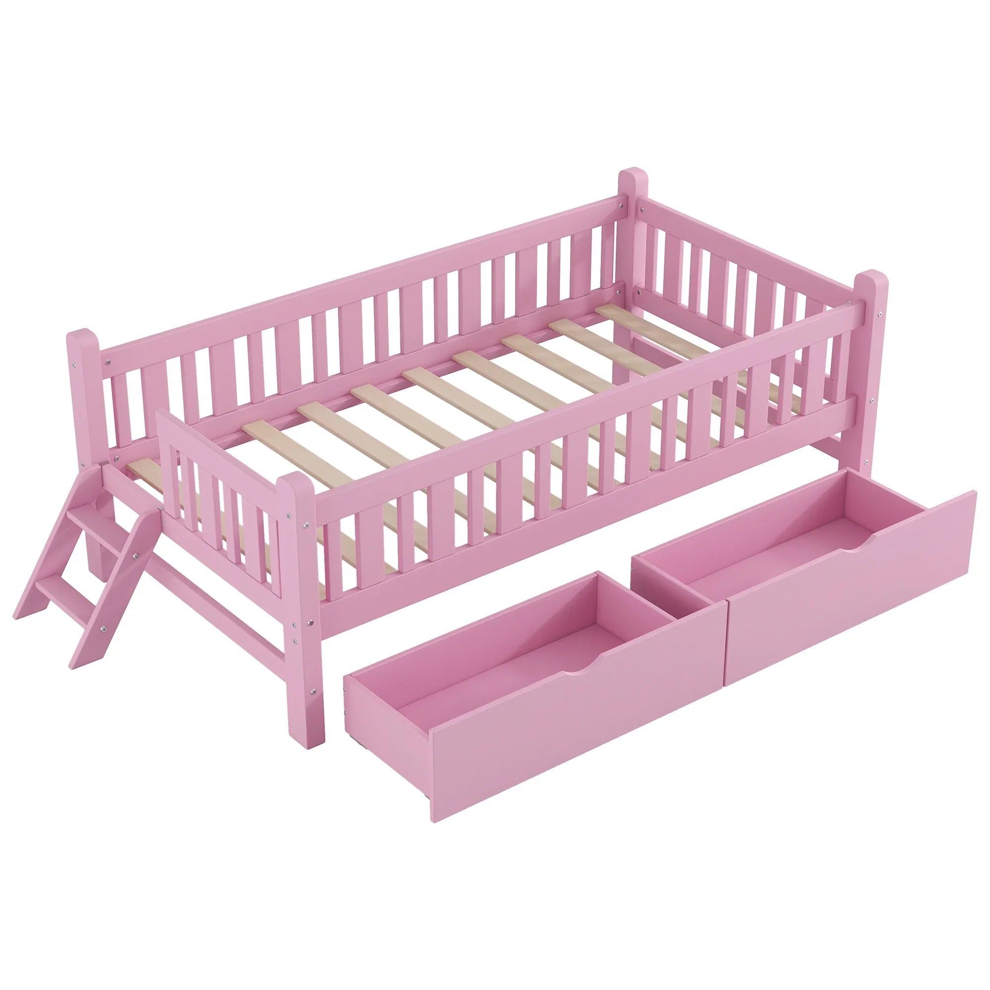 2026 New Euroco Wood Twin Size Platform Bed with 2 Drawers and Ladder for Kids and Toddlers, White - Image 19