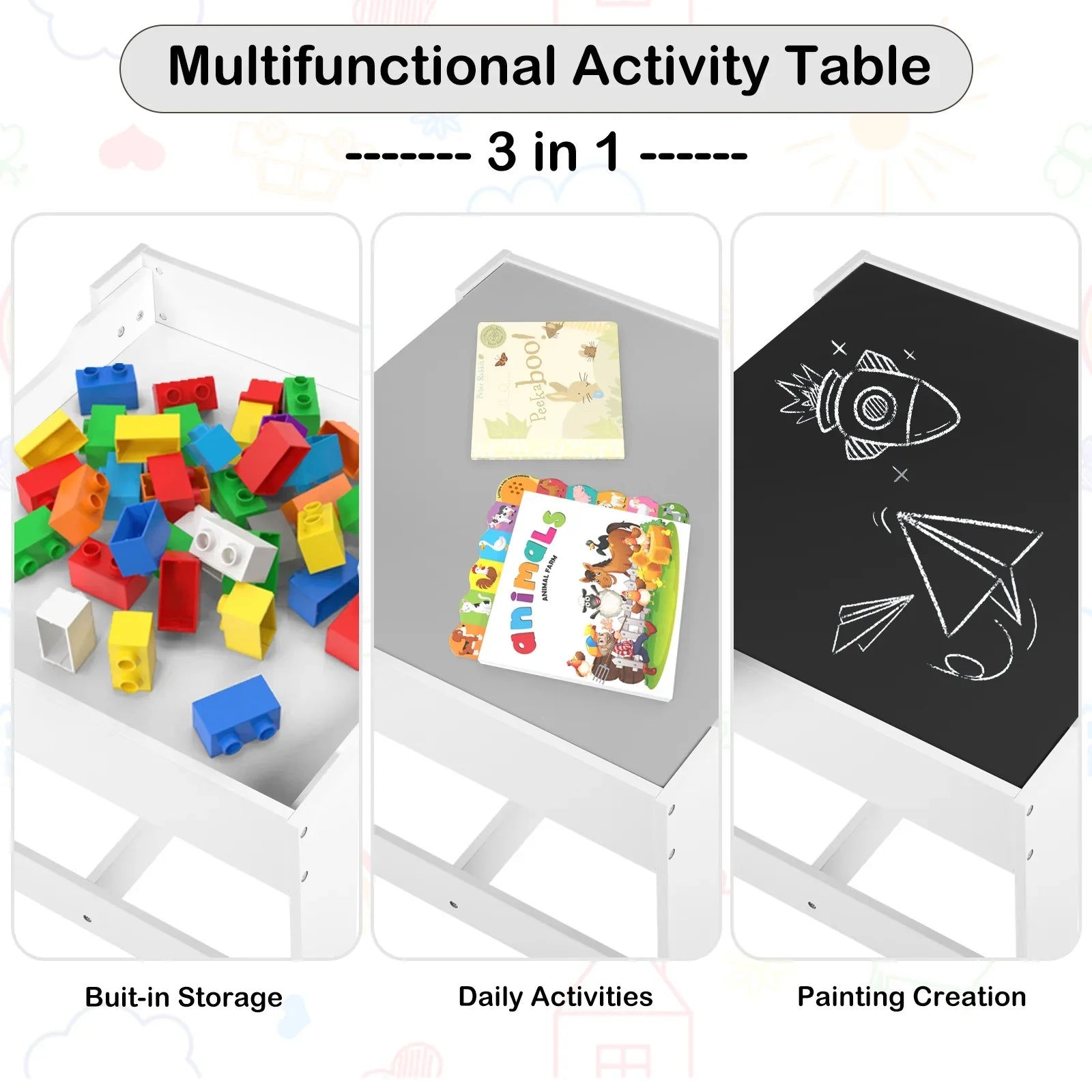 2026 New LINLUX Kids Table and 2 Chairs Set, Children Activity Table Chairs with Chalkboard/Whiteboard, Grey - Image 4