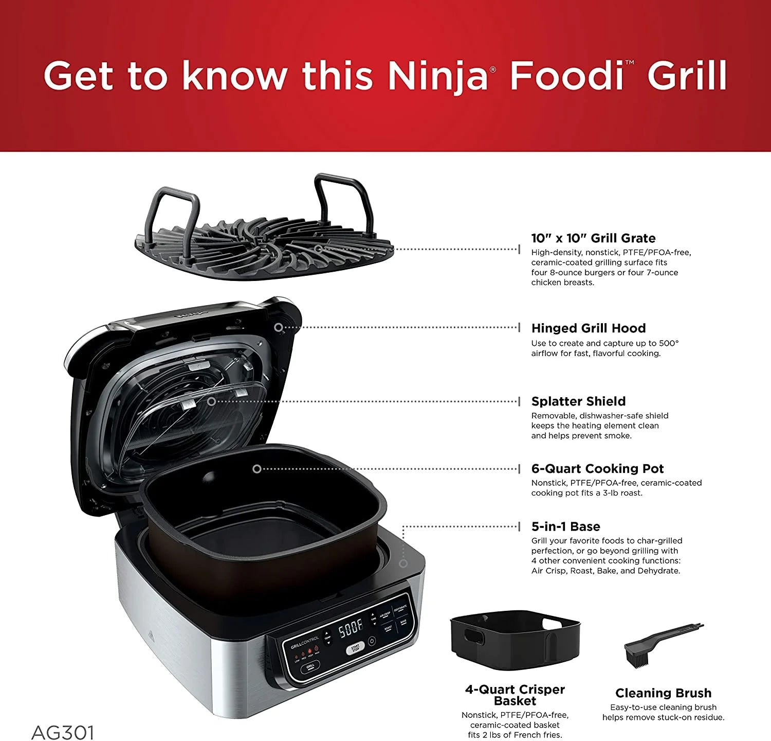 2026 New Ninja AG301 Foodi 5-in-1 Indoor Grill with 4-Quart Air Fryer - Image 4