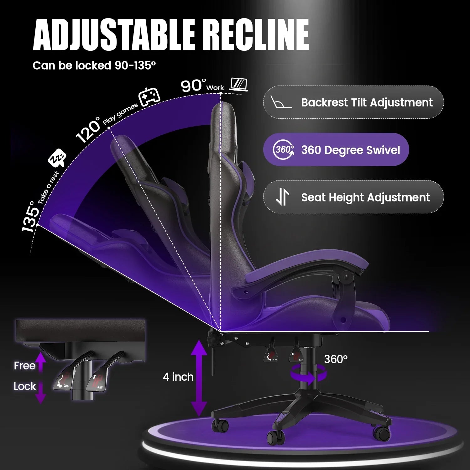 2026 New Bigzzia Gaming Chair Office Chair, Ergonomic Game Chair with Height Adjustable Headrest and Lumbar Support for Adults Teens, Black & White - Image 54