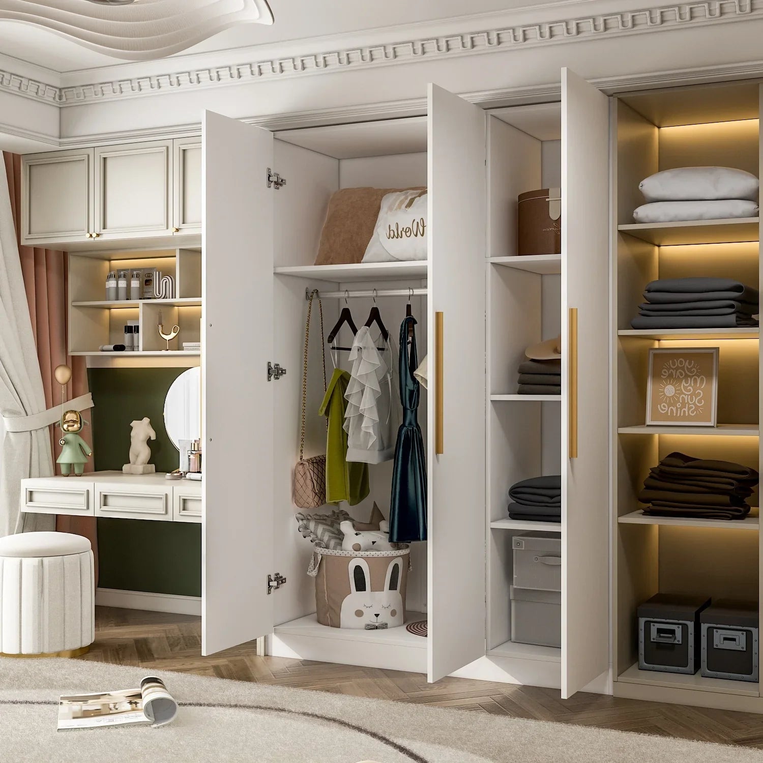 2026 New FUFU&GAGA Wardrobe Armoire Wooden Closet Cabinet 6 Storage Cube and Hanging Rod White - Image 4