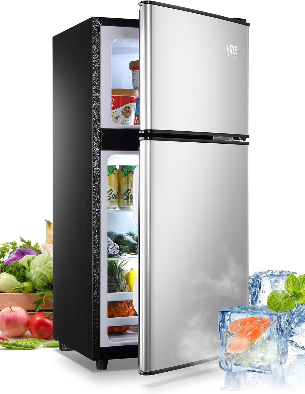 2026 New Harper & Bright Designs Double Door Mini Fridge with Freezer, 3.2 Cu.Ft Compact Refrigerator with Adjustable Shelf, Adjustable Thermostat and Reversible Door for Bedroom, Dorm, Home Office, White - Image 3