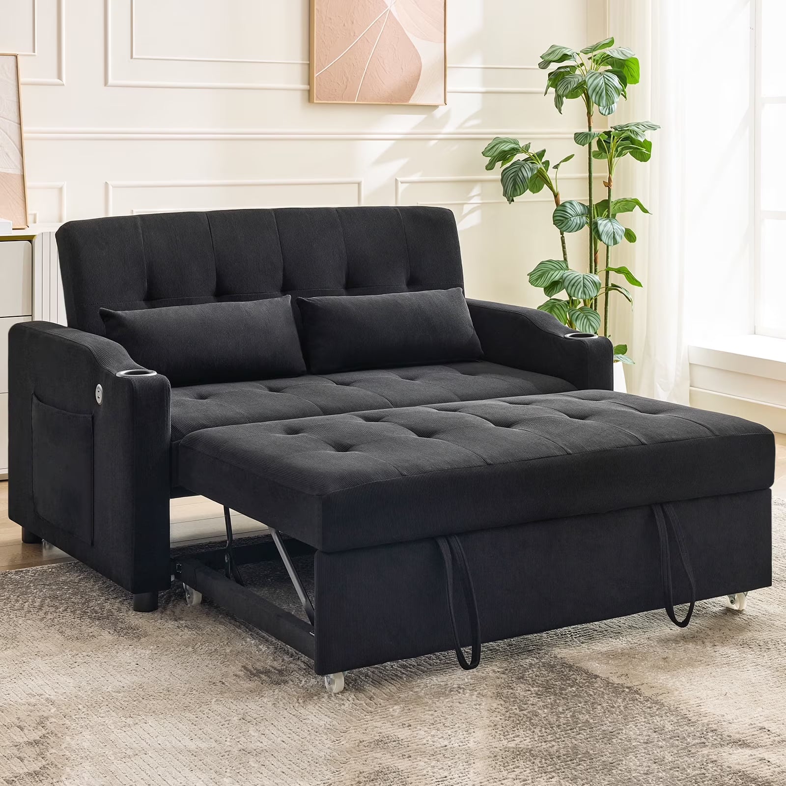 2026 New 3 in 1 Convertible Sleeper Sofa Bed, Corduroy Futon Couches with Pull-Out Bed, Adjustable Backrest, Charging Port & Side Pockets, Modern Upholstered Sofa for Living Room, Guest Room