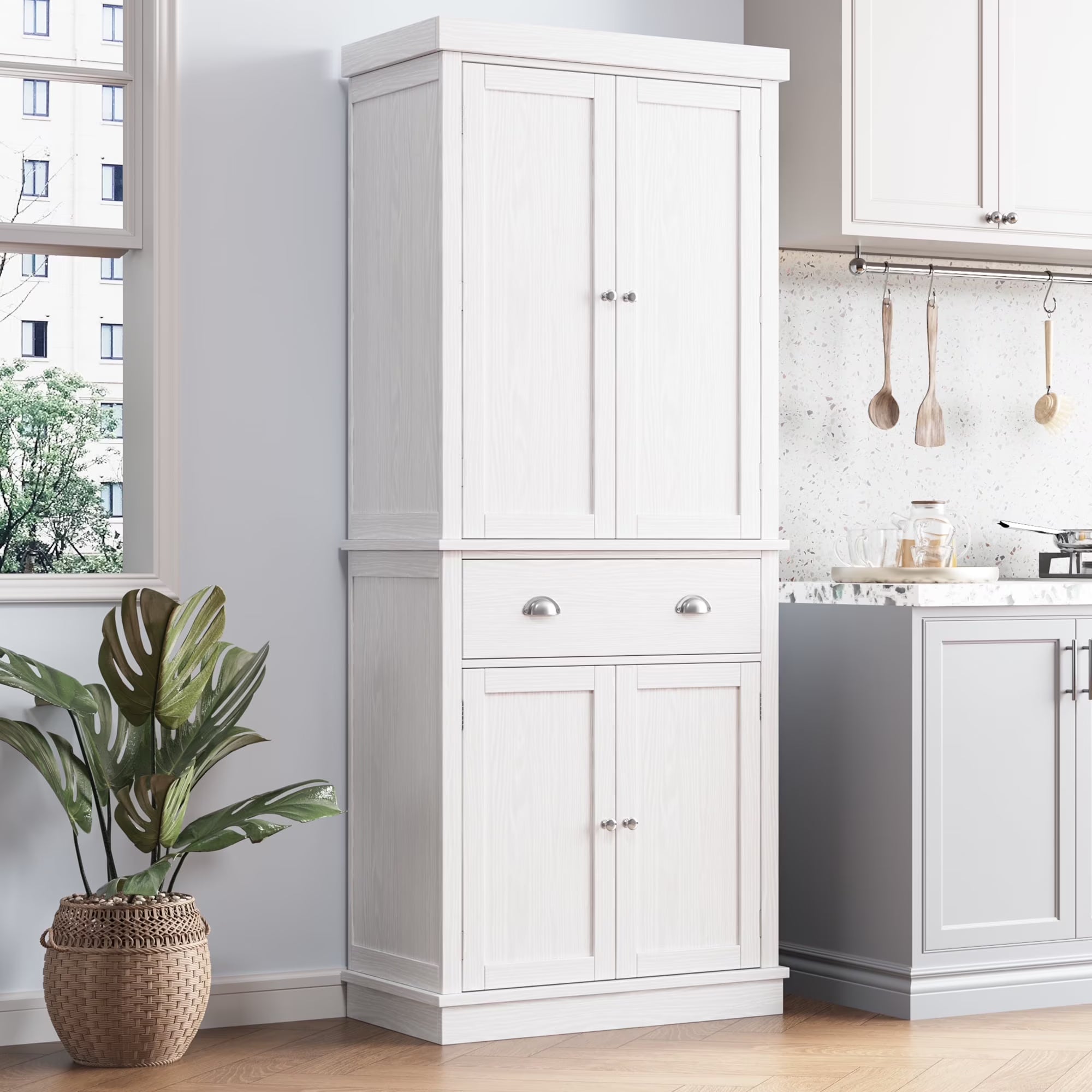 2026 New Homfa 72.4'' Tall Kitchen Pantry with 4 Doors, Large Drawer Shelves Wood Pantry Storage Cabinet for Dining Room Living Room, White