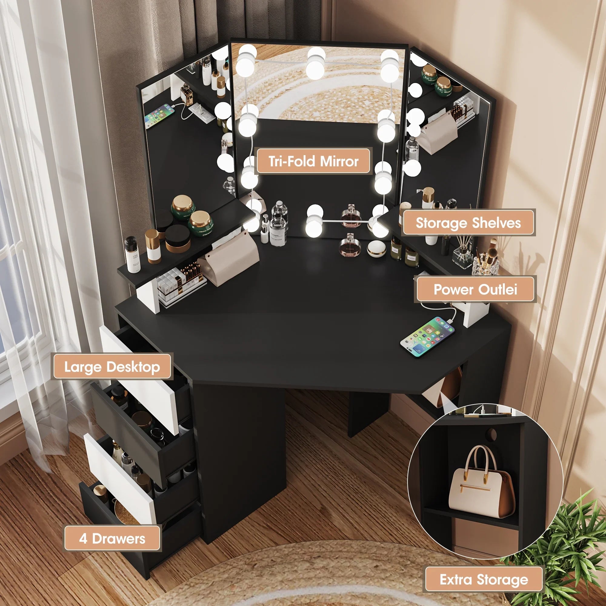 2026 New Veanerwood White Corner Vanity Desk with Mirror and Light,Makeup Table with 4 Drawers and Charging Station for Bedroom - Image 18
