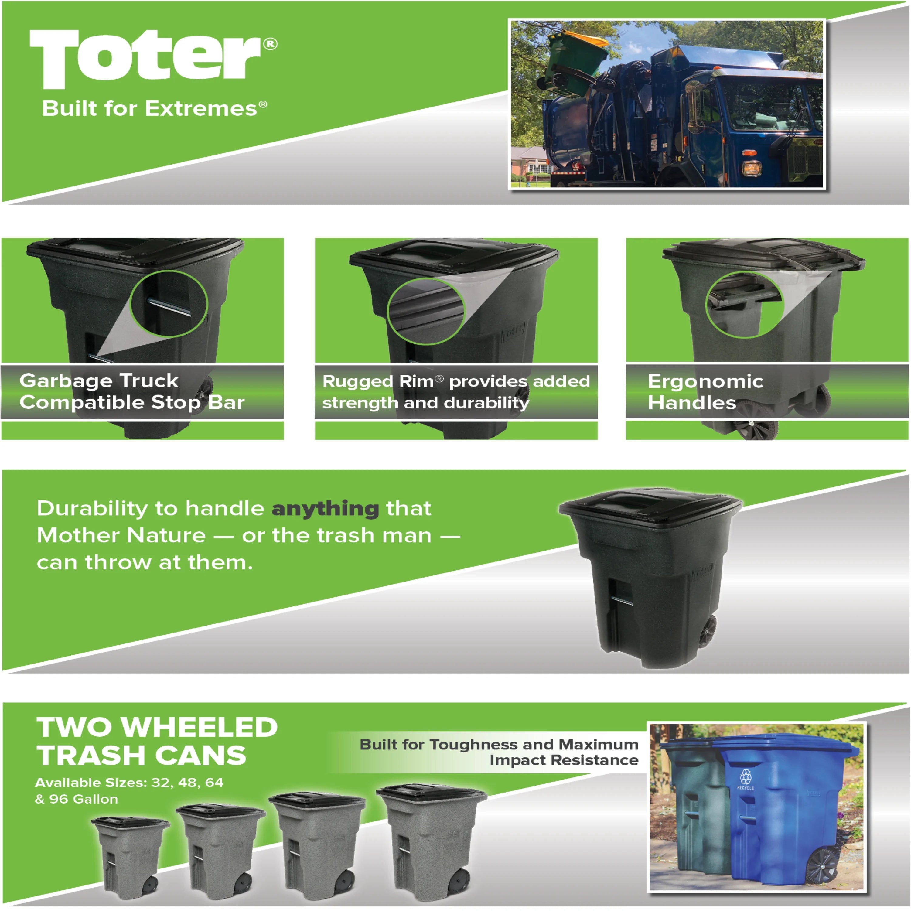 2026 New Toter Trash Can Greenstone With Wheels And Lid, 96 Gallon - Image 5