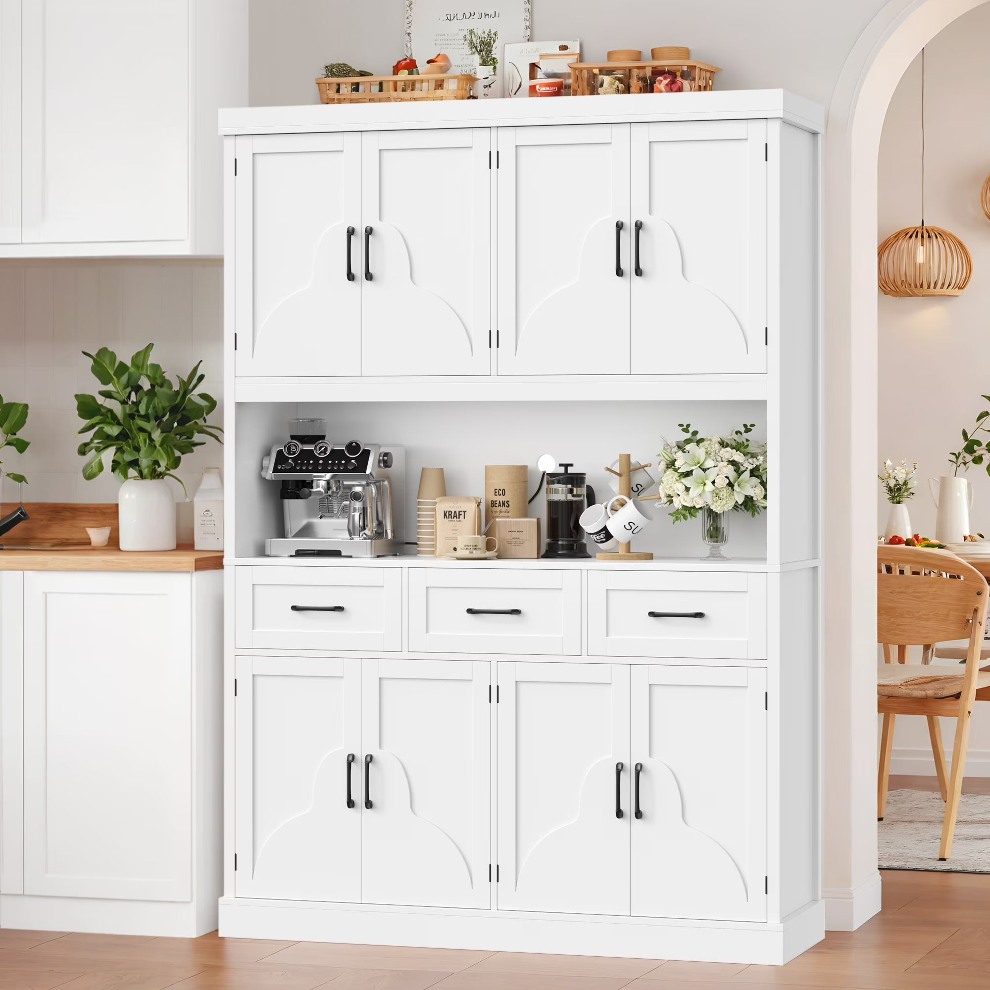 2026 New Homfa 76" Tall Kitchen Pantry Cabinet, Modern Storage Cabinet with Microwave Stand, Freestanding Cupboard with 3 drawers, Hutch Cabinet for Living Dining Room, White