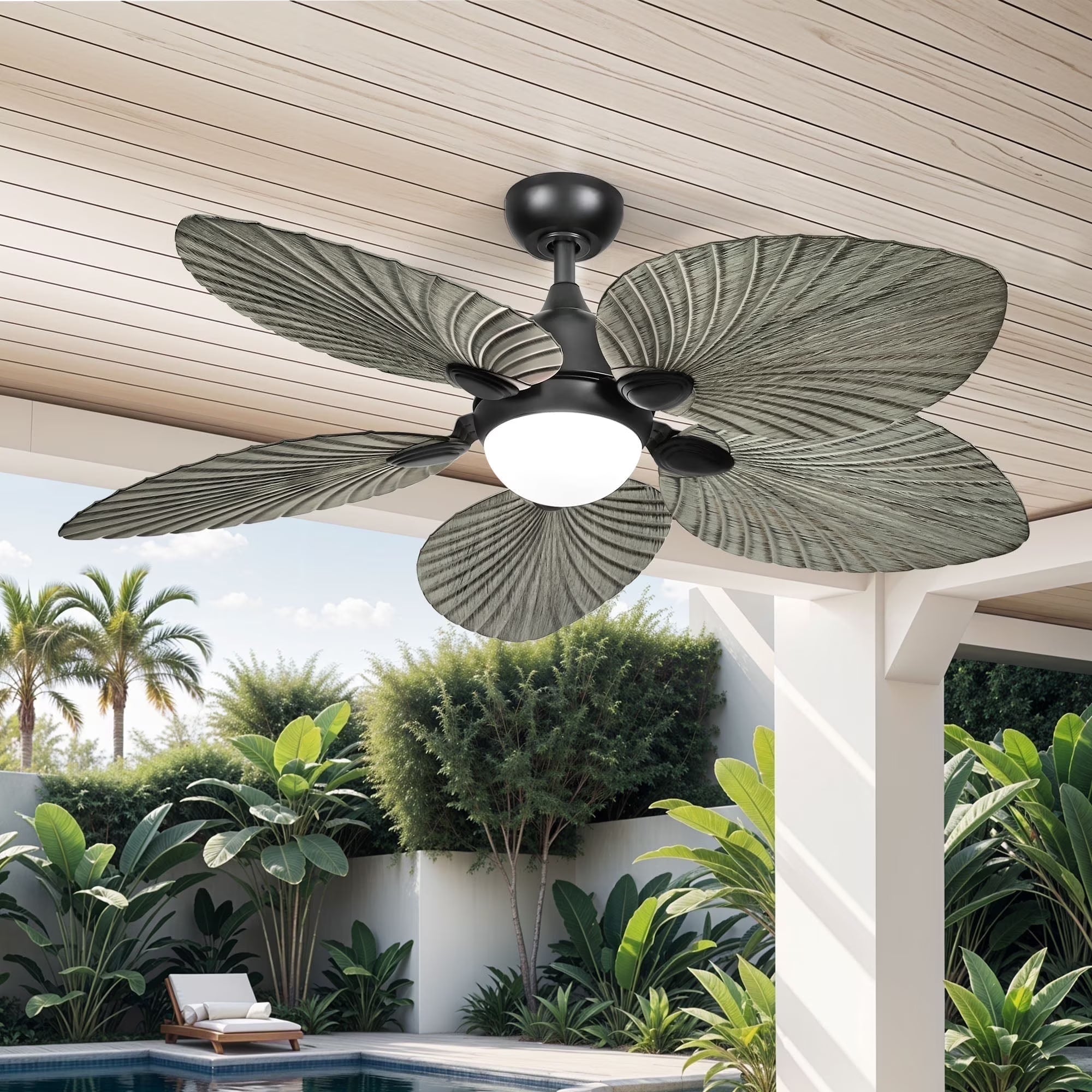 2026 New ModFusion 52" Gray Black Coastal Ceiling Fan with Palm Leaf Blades, LED Light & Remote -C Quiet Reversible DC Motor Indoor/Outdoor