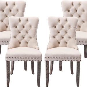 2026 New Tzicr Dining Chairs Set of 4, Velvet Upholstered Dining Chairs with Nailhead Back and Ring Pull Trim,Solid Wood Dining Chairs for Kitchen/Bedroom/Dining Room,Modern Fabric Dining Set,Beige