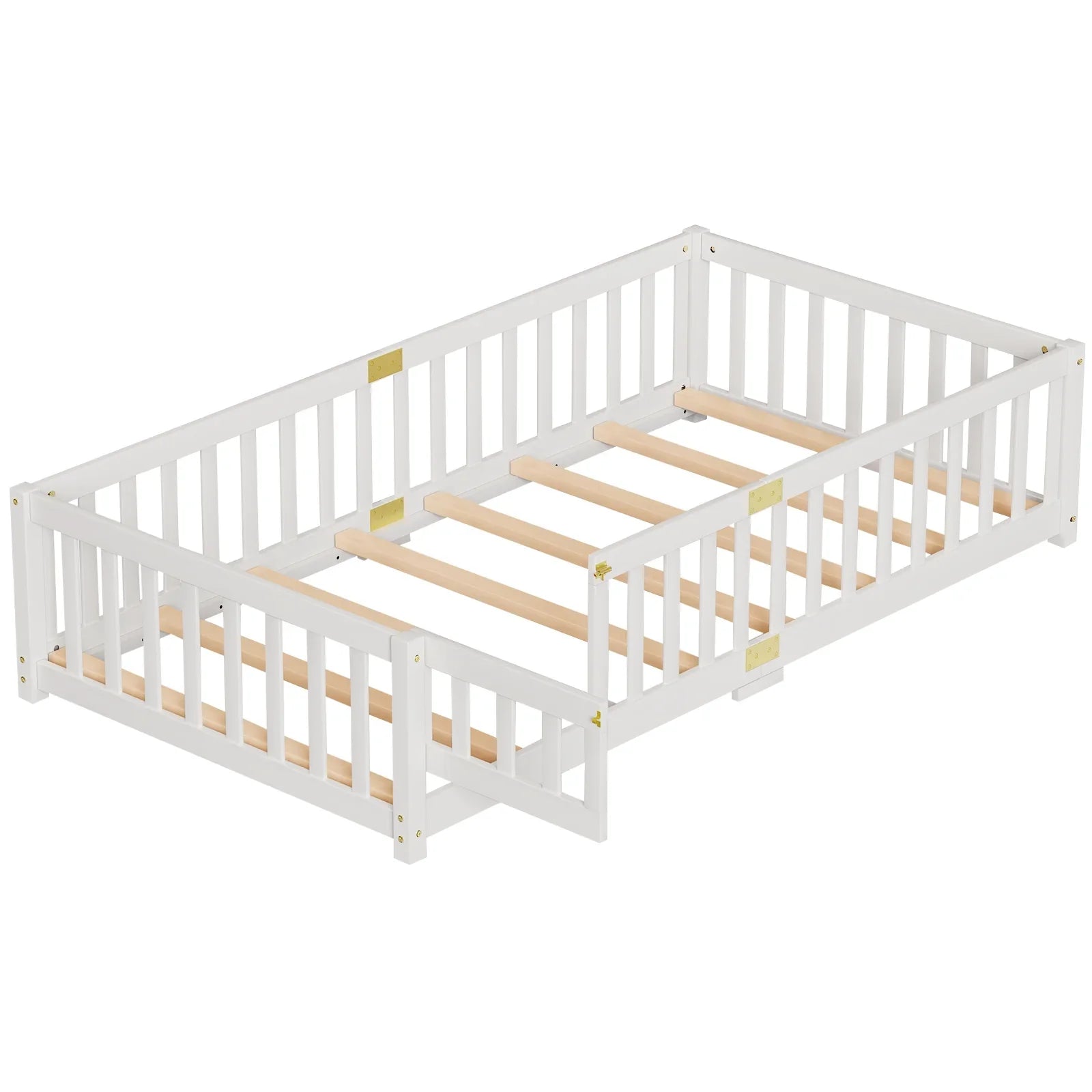 2026 New Slsy Twin Size Toddler Floor Bed, Solid Wood Montessori Bed Frame with Fence & Door Montessori Floor Bed Crib with Safety Guardrails for Girls and Boys - Image 8