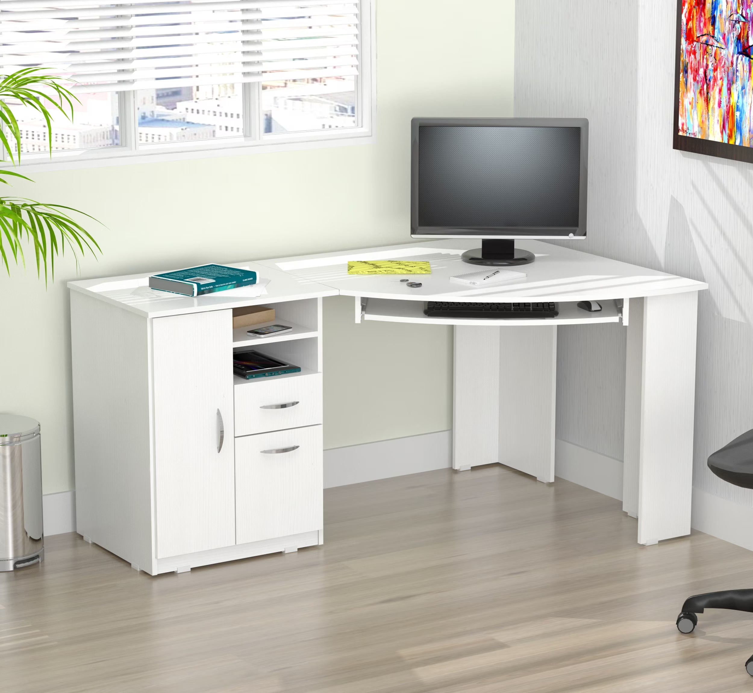 2026 New Inval Modern Corner Desk with 2 Drawers and Cabinet, Washed Oak