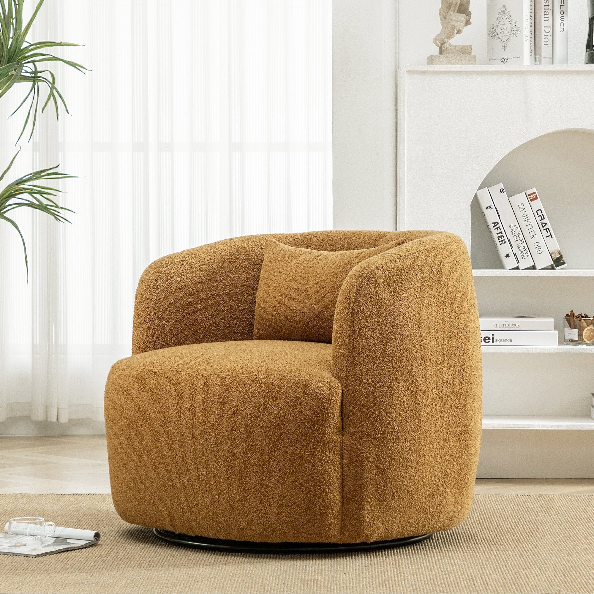 2026 New 34" Wide Boucle Swivel Barrel Chair, No Assembly Round Upholstered Armchair Accent Chair Single Sofa Chair with Toss Pillow for Living Room and Bedroom, Taupe - Image 41