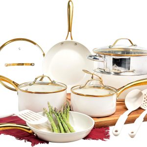 2026 New Gotham Steel 15 Pc Ceramic Cookware Set, Ceramic Pots and Pans Set Non Stick with Cooking Utensils and Steamer, Non Toxic, Premium Gold Stay Cool Handles, Oven & Dishwasher Safe