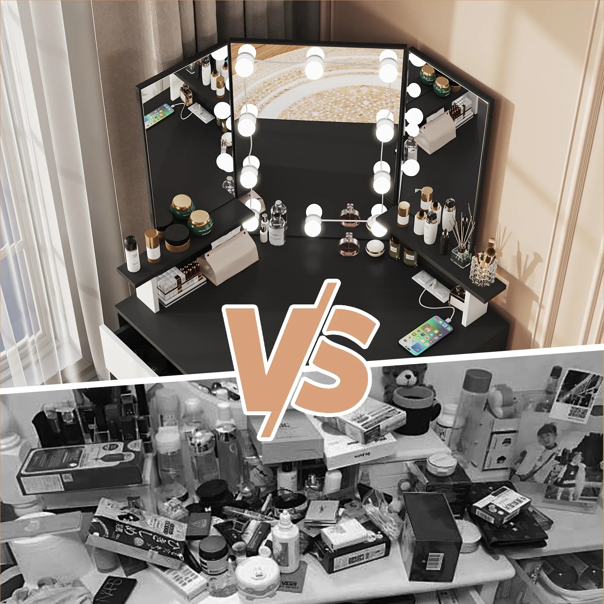 2026 New Veanerwood White Corner Vanity Desk with Mirror and Light,Makeup Table with 4 Drawers and Charging Station for Bedroom - Image 21