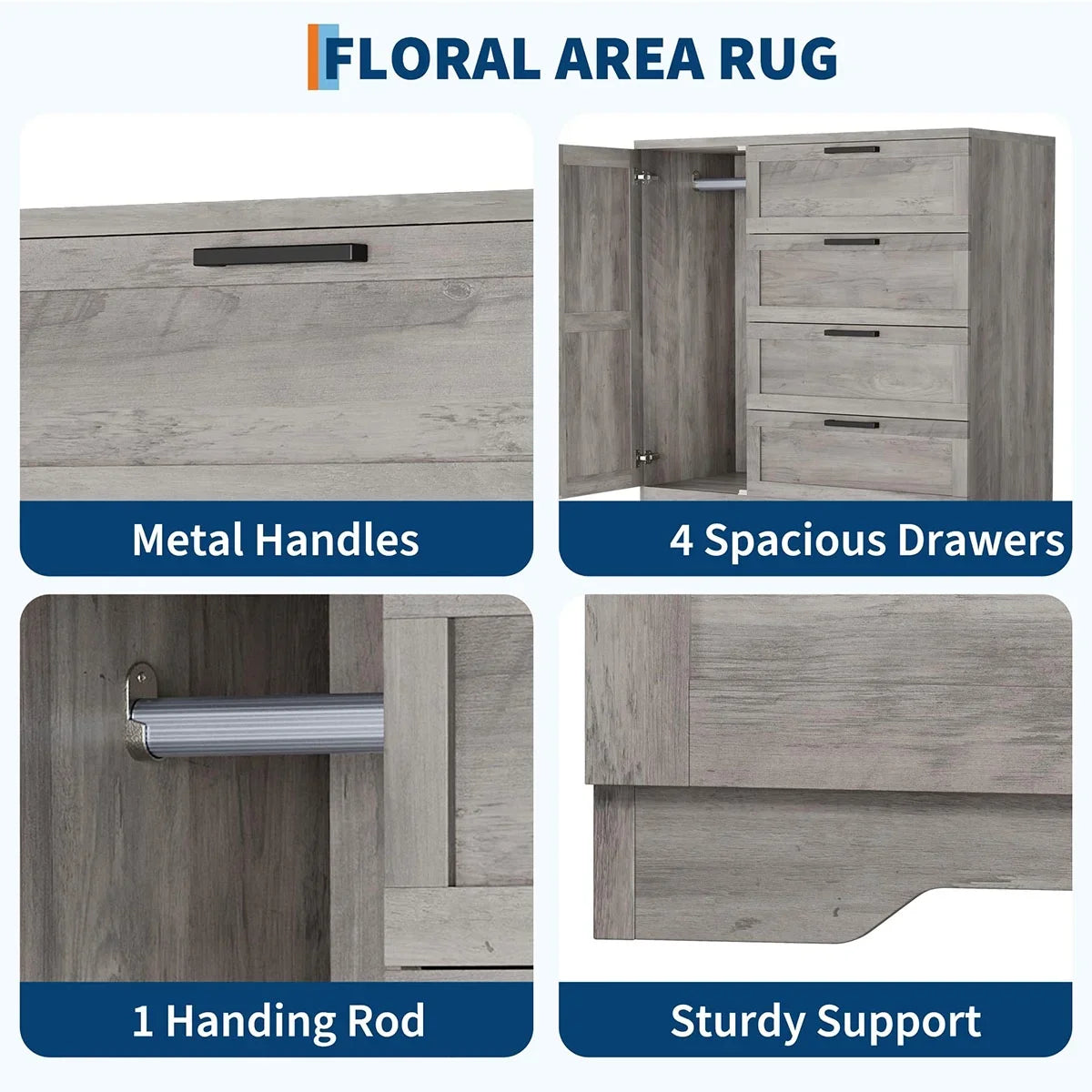 2026 New Ataucjin Wood Armoire Wardrobe Closet with 4 Drawers and Door, 43.3" H Bedroom Wardrobe Cabinet with Hanging Rod, Clothing Storage Cabinets, 4 Drawers Dresser with Storage Closet - Image 13
