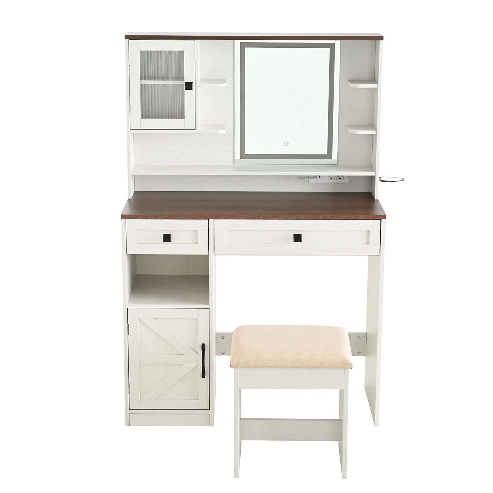 2026 New Farmhouse Makeup Vanity Desk with Mirror and Lights,Dressing Table Set with Charging Station and Stool,Drawers,Shelves and Side Cabinet,White - Image 13