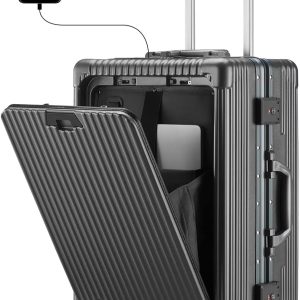 2026 New Carry-On Luggage with USB Charging Port, Front Compartment, TSA Lock, Airline Approved Carry On Hardside Suitcase with Spinner Wheels (Grey, 20inch)