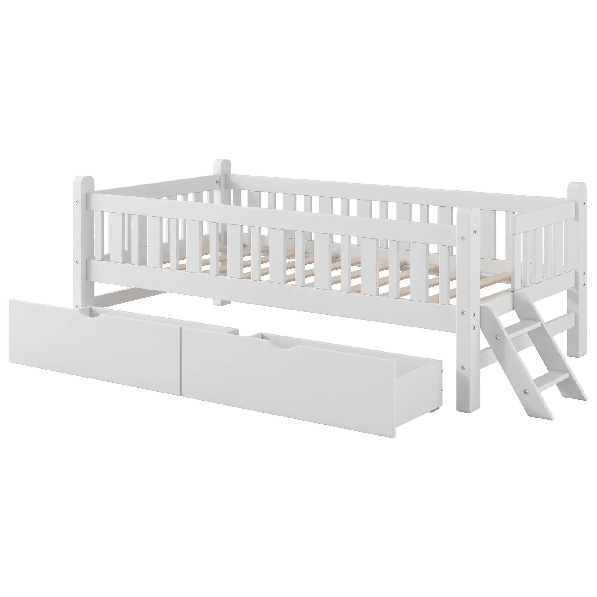 2026 New Euroco Wood Twin Size Platform Bed with 2 Drawers and Ladder for Kids and Toddlers, White - Image 10