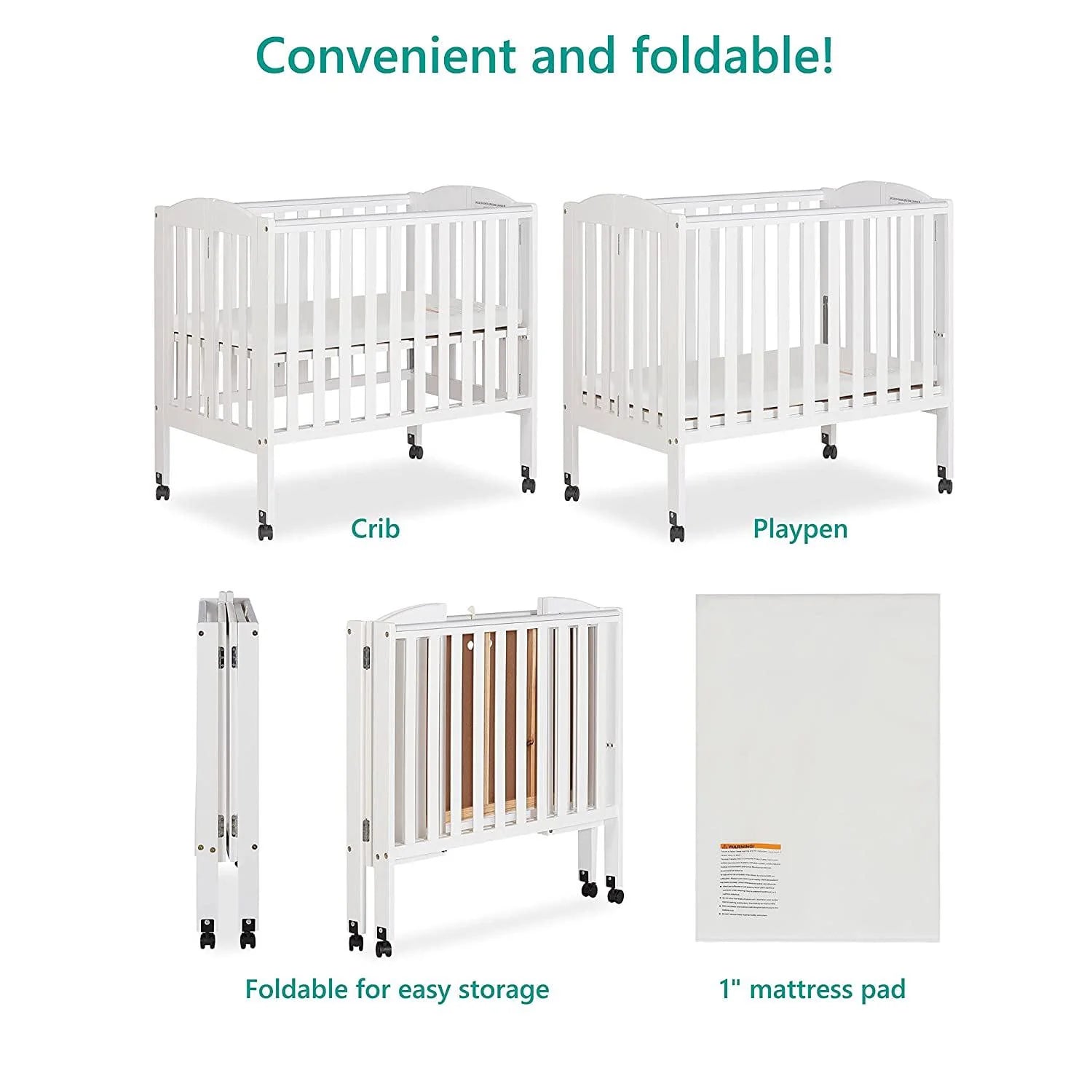 2026 New Dream On Me 2-in-1 Folding Portable Mini Crib in White. Mattress Pad Included. Easy to Fold and Store Baby Crib. Two Adjustable Mattress Height positions Convertible Crib - Image 6