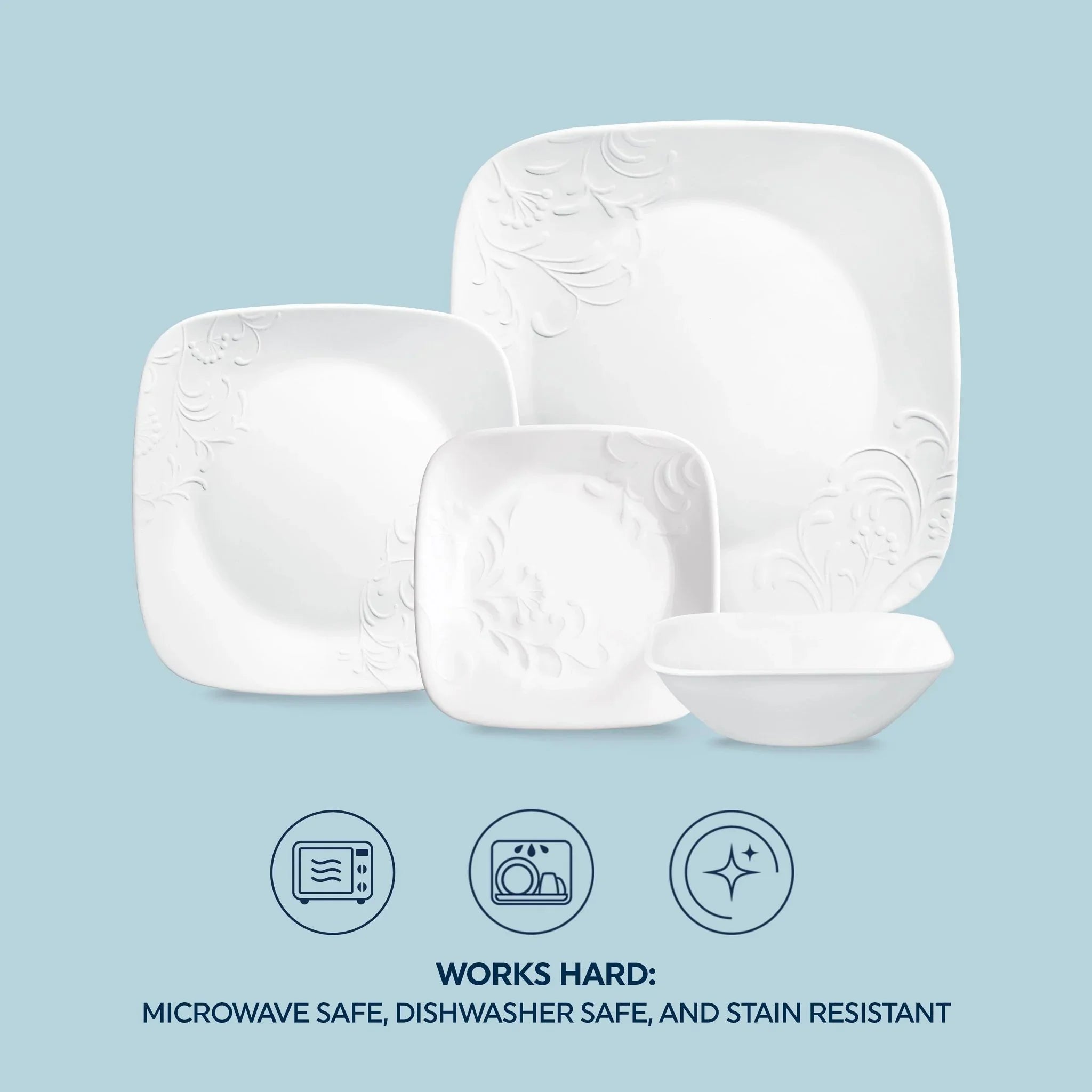 2026 New Corelle Cherish 16-Piece Embossed Square Glass Dinnerware Set (Service for 4) - Image 6