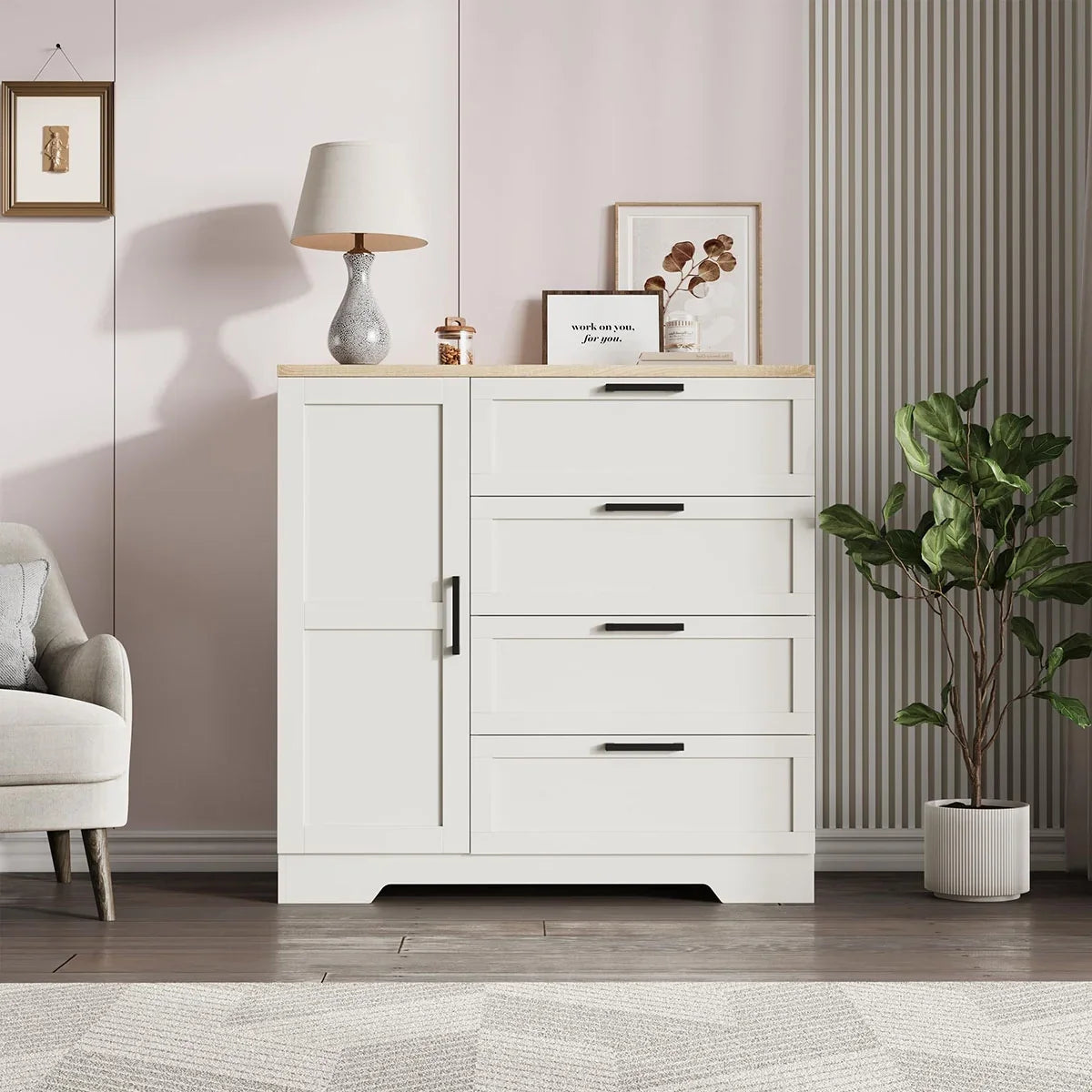 2026 New Ataucjin Wood Armoire Wardrobe Closet with 4 Drawers and Door, 43.3" H Bedroom Wardrobe Cabinet with Hanging Rod, Clothing Storage Cabinets, 4 Drawers Dresser with Storage Closet - Image 17