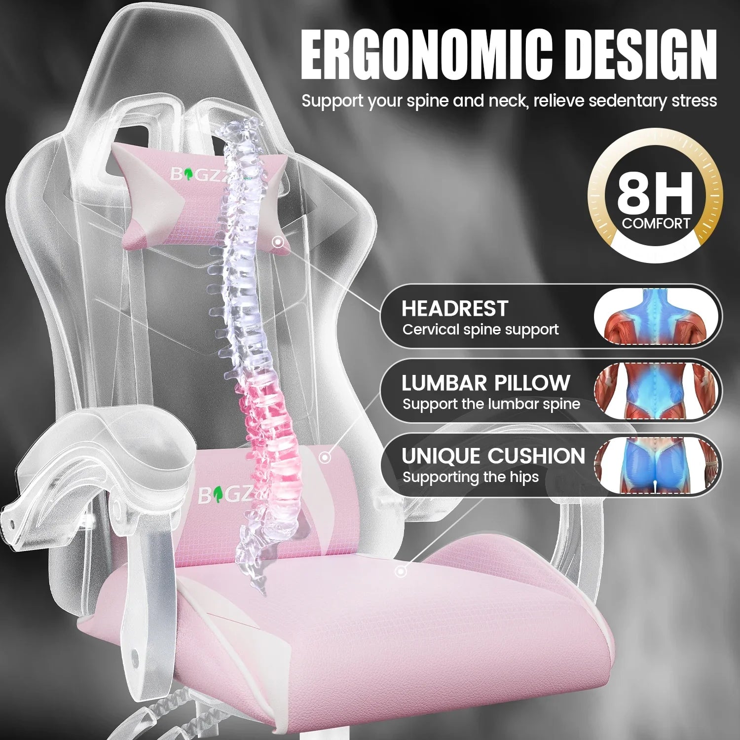 2026 New Bigzzia Gaming Chair Office Chair, Ergonomic Game Chair with Height Adjustable Headrest and Lumbar Support for Adults Teens, Black & White - Image 57