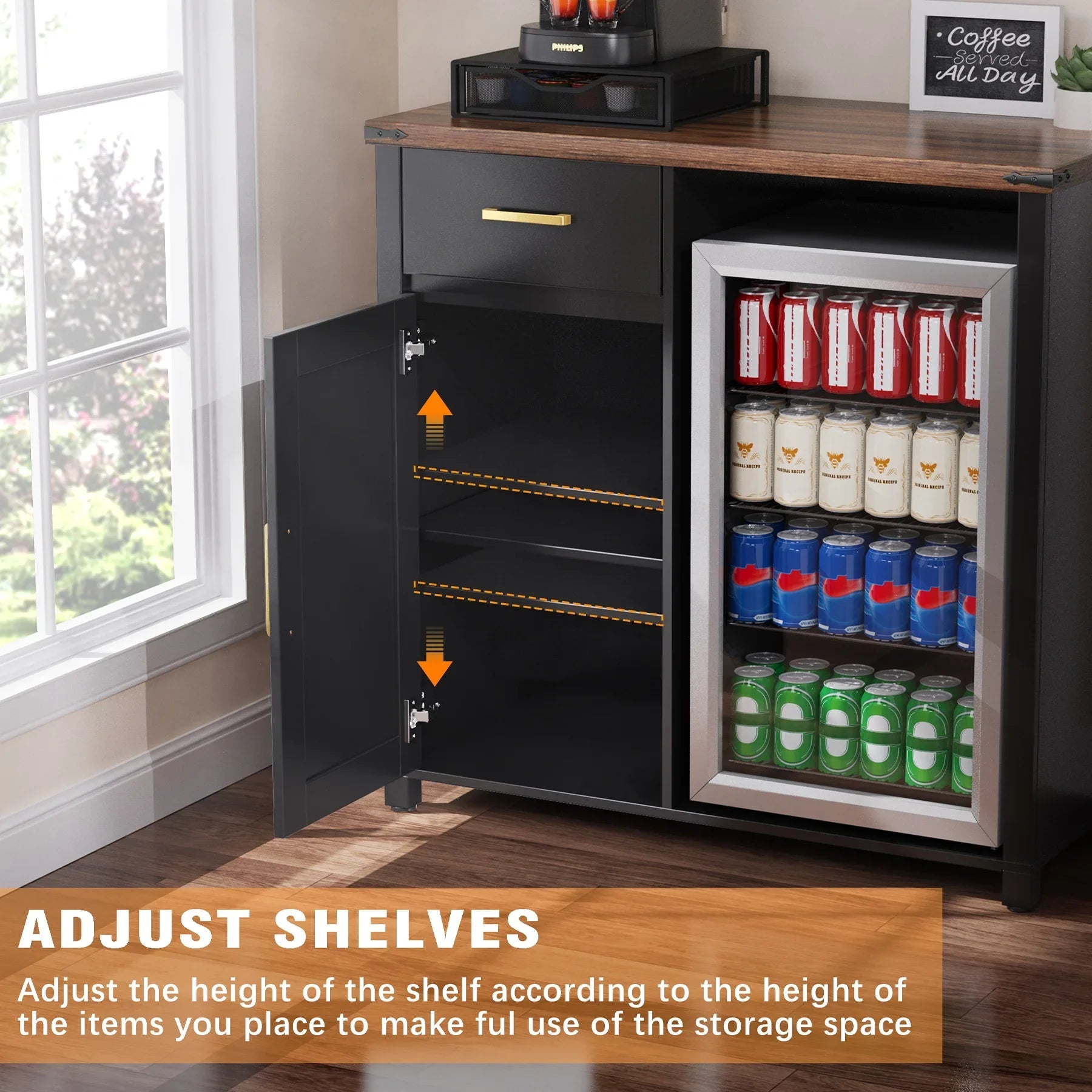 2026 New Coffee Bar with Mini Fridge Space, Mini Fridge Cabinet Stand for Dorm, Kitchen or Office - Image 5
