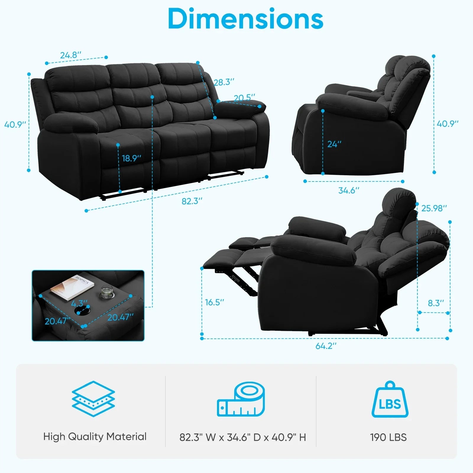 2026 New MUZZ Modern Reclining Sofa,3-Seater Recliner Sofa with Cup Holders, Flip-Up Storage, Reversible Backrest and Footrest, Gray - Image 3