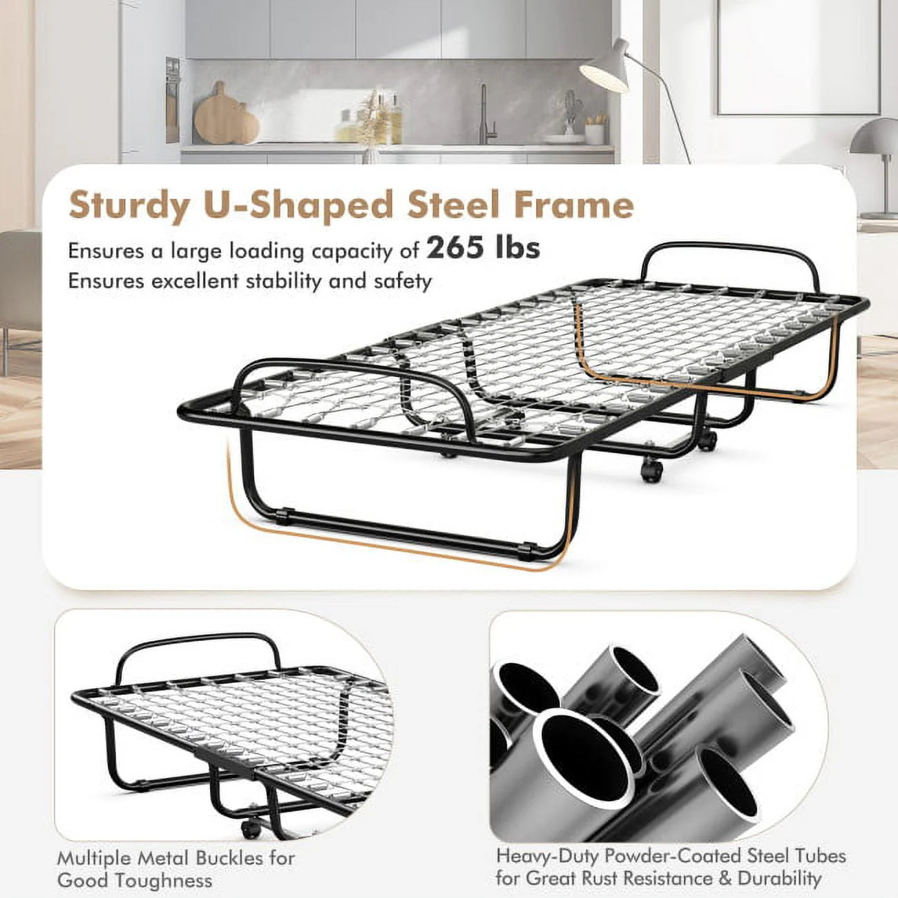 2026 New 75" x 31" x 13" Folding Bed with Mattress, Rollaway Bed Metal Frame on Wheels, Portable Foldable Guest Bed for Adults, Cot Size Fold up Bed with Memory Foam Mattress - Image 3