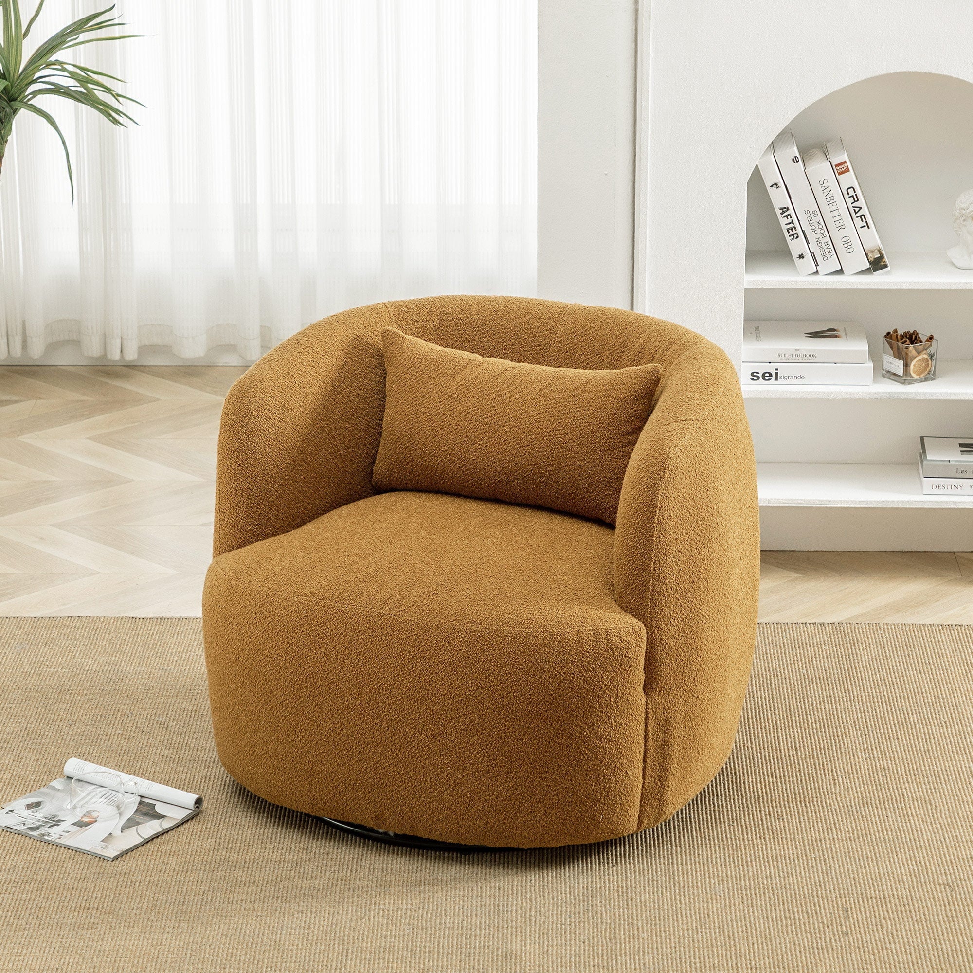 2026 New 34" Wide Boucle Swivel Barrel Chair, No Assembly Round Upholstered Armchair Accent Chair Single Sofa Chair with Toss Pillow for Living Room and Bedroom, Taupe - Image 47