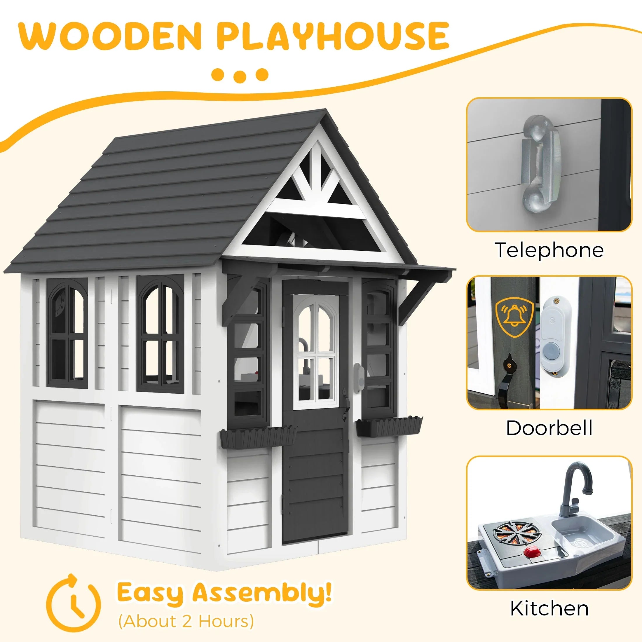 2026 New COCLUB Outdoor Playhouse for Kids Ages 4-8, Wooden Play House with Doorbell, Phone, Kitchen Toys, Outdoor Kids Play Equipment, Casa Para Niñas (45”L x 65”H), White & Black - Image 5