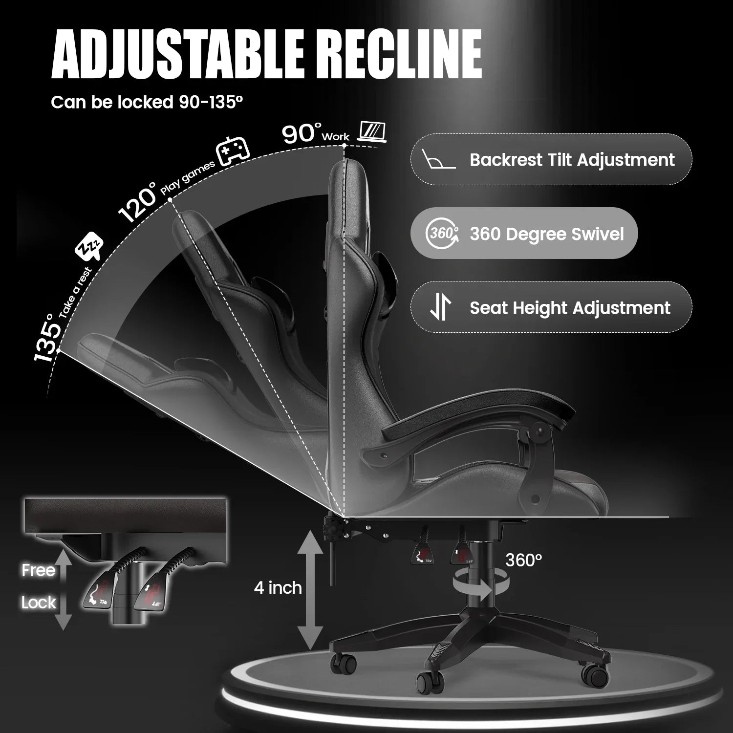 2026 New Bigzzia Gaming Chair Office Chair, Ergonomic Game Chair with Height Adjustable Headrest and Lumbar Support for Adults Teens, Black & White - Image 86
