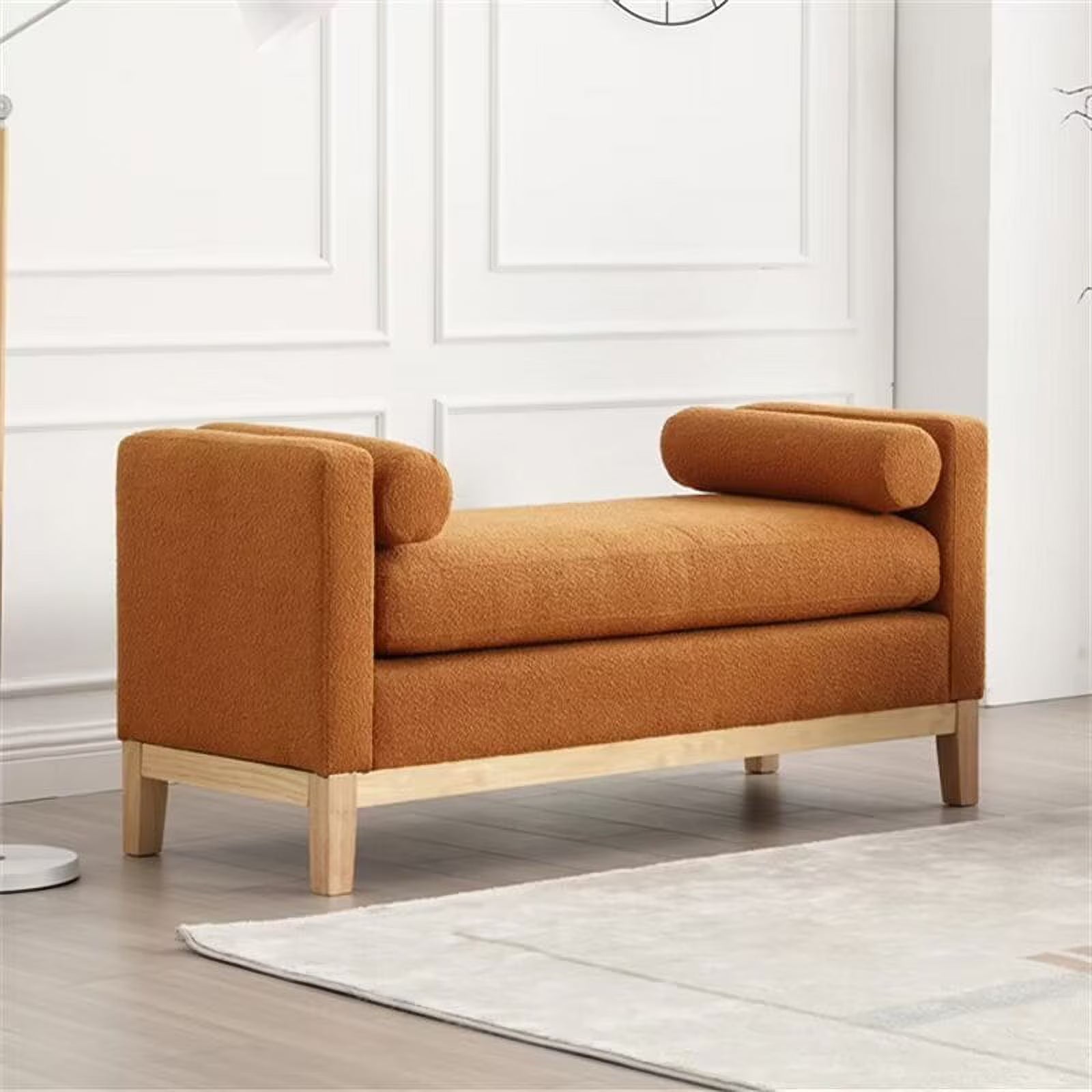 2026 New End of Bed Bench, 53.5" Boucle Fabric Upholstered Entryway Bench with Wood Legs & Bolster Pillows, Rolled Arm Cushioned Ottoman Foot Rest Long Stool Window Extra Seating for Bedroom, Ivory - Image 6