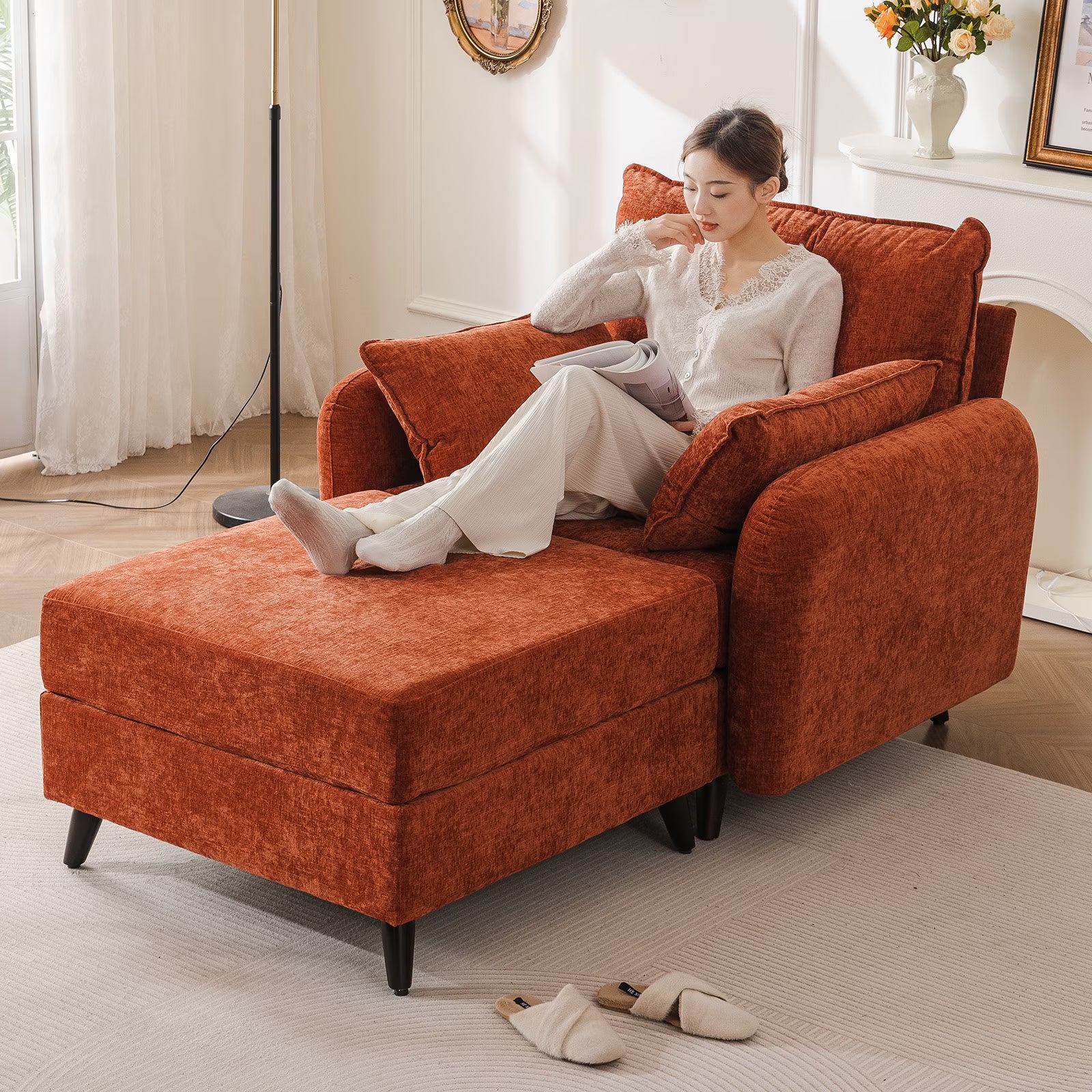 2026 New Rexulqo Oversized Accent Chair with All Seats Storage,Comfy Living Room Chairs with 2 Throw Pillow,Upholstered Mid-Century Armchair,24.5'' Deep Seat,Reading Chair For Bedroom,Office,Chenille,Green - Image 3