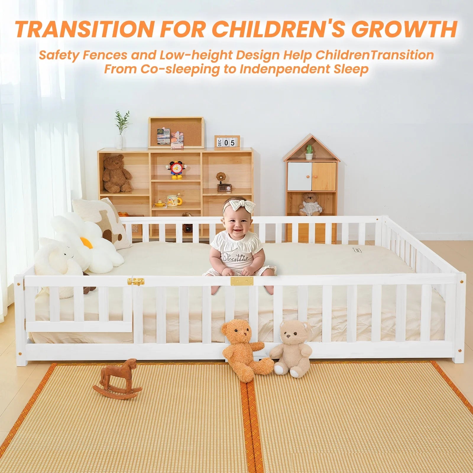 2026 New Slsy Twin Size Toddler Floor Bed, Solid Wood Montessori Bed Frame with Fence & Door Montessori Floor Bed Crib with Safety Guardrails for Girls and Boys - Image 15