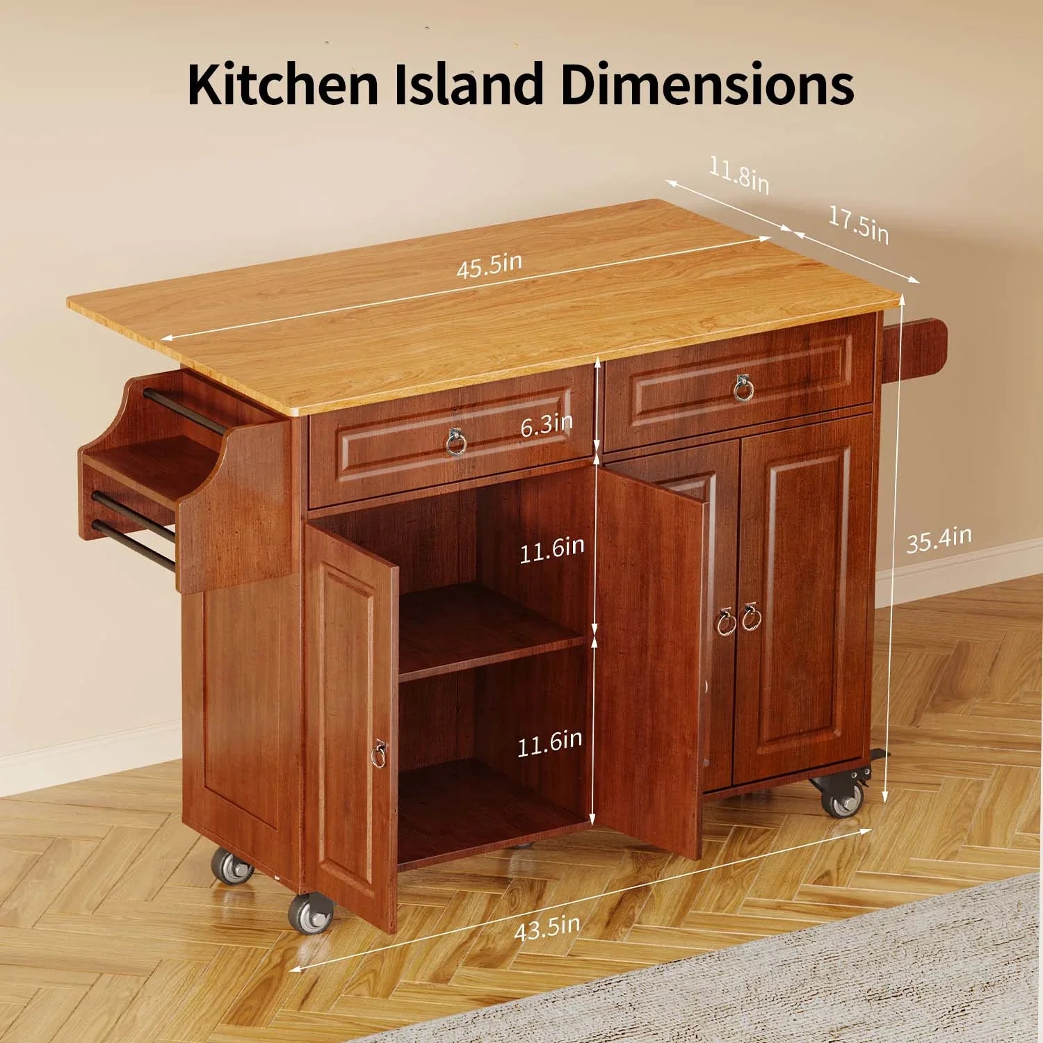 2026 New Lofka 52-Inch Kitchen Island with Storage on Wheels with Wood Drop Leaf, Ideal for Small Kitchens - Image 13