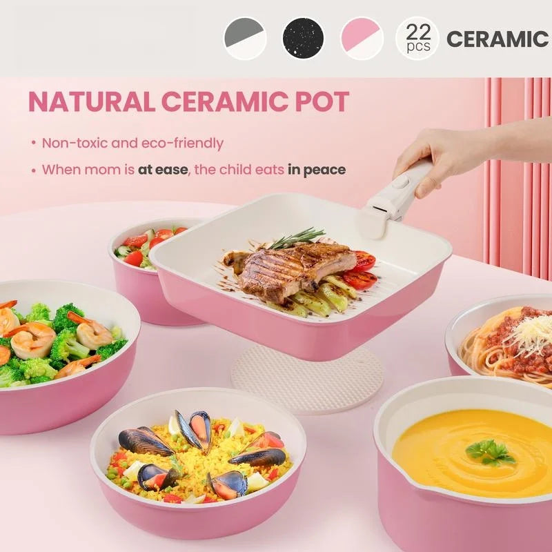 2026 New Non-Toxic Nonstick Ceramic 22 pcs pots and pans set complete Cookware Set with Lids,Detachable Handle,PFAS-Free,Dishwasher Oven Safe,Kitchen Outdoorfun Induction Compatible - Image 10