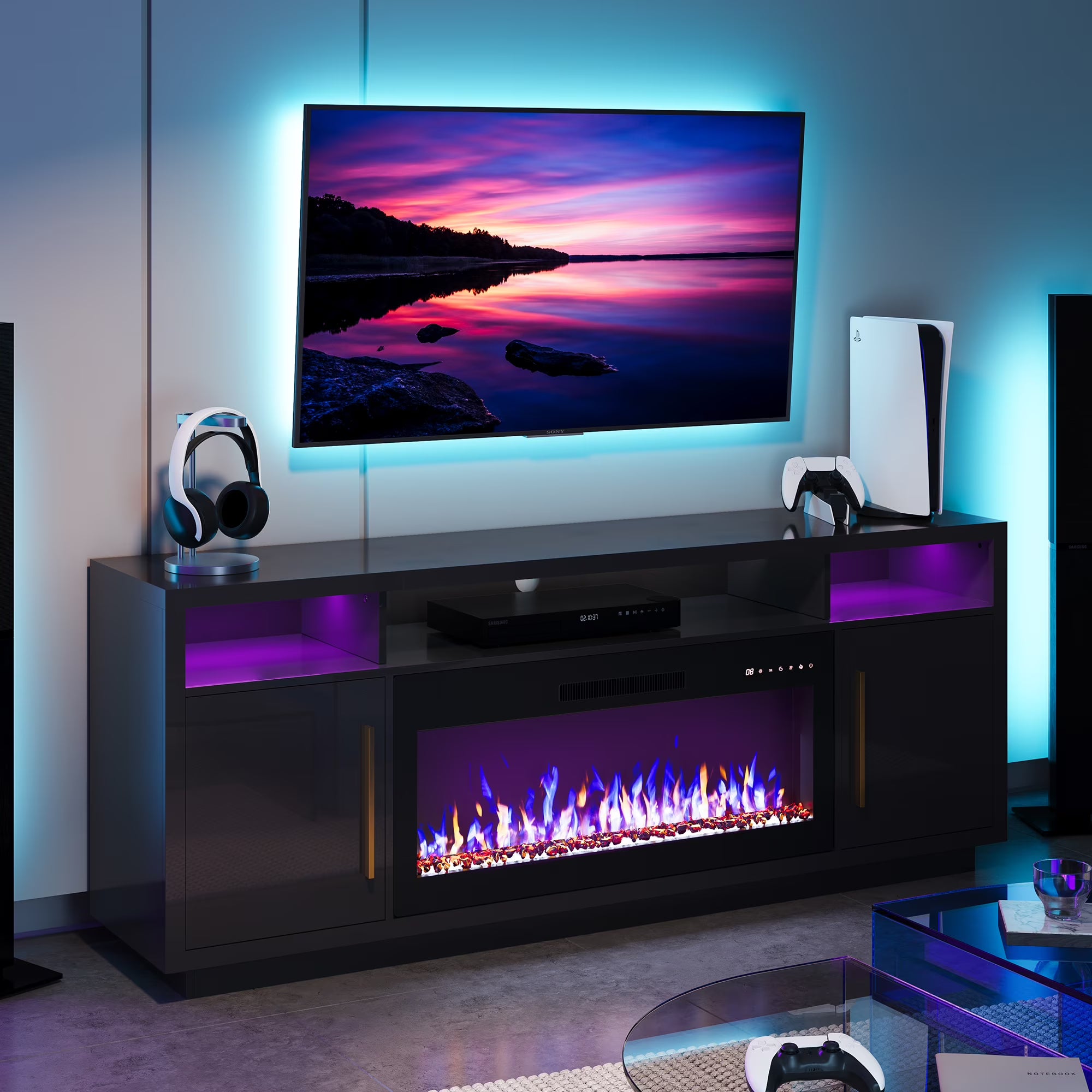 2026 New BELLEZE Fireplace TV Stand for TVs Up To 75", Entertainment Center with 36" Electric Fireplace, LED Ambient Lighting, and Storage, Media Console Table 69 Inch - Avenue (Black)