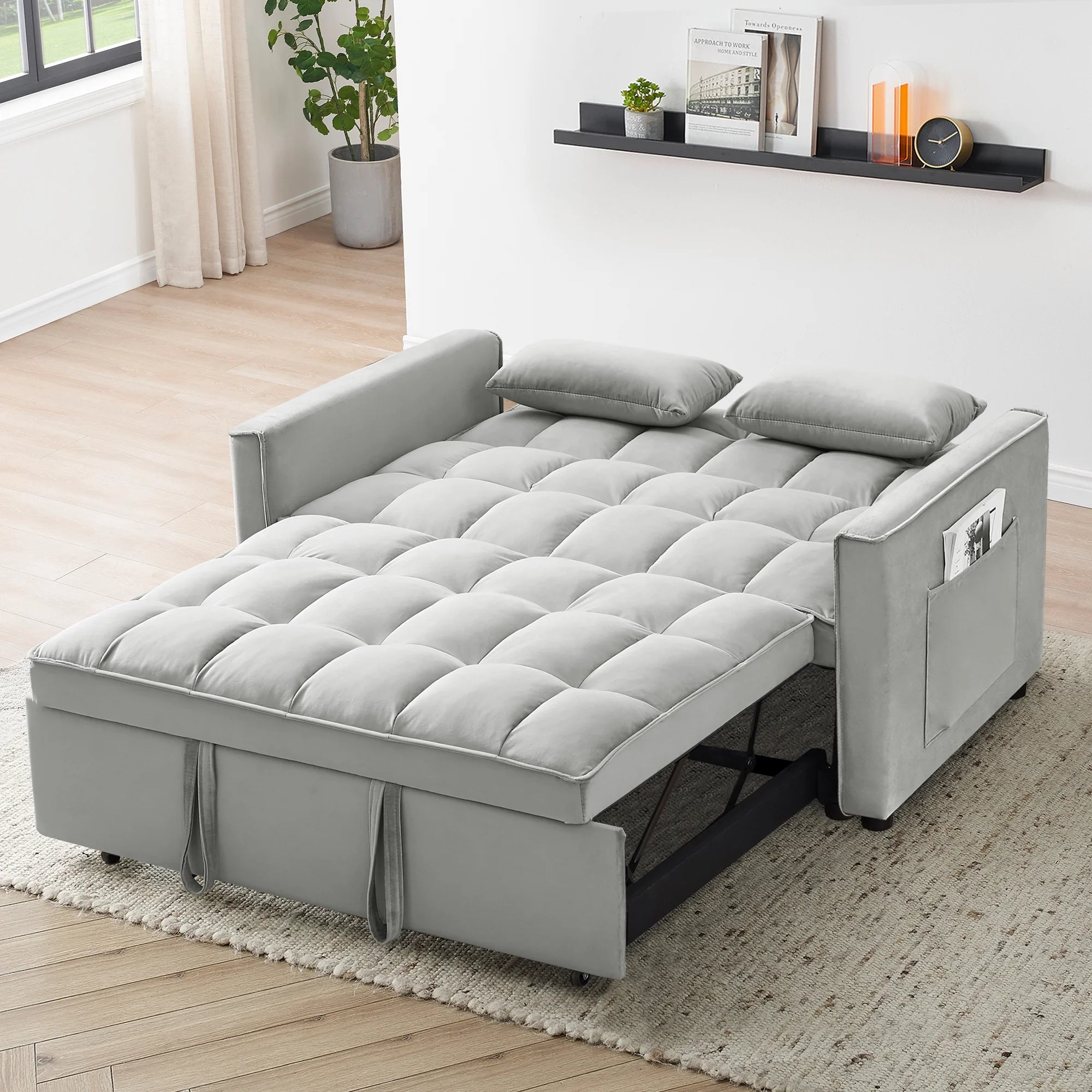 2026 New Convertible Sofa Bed,3-in-1 Sleeper Sofa with Pull Out Bed,Velvet Highly Elastic Sponge Futon Couch Loveseat with Adjustable Backrest and 2 Pillows for Living Room,Gray - Image 15