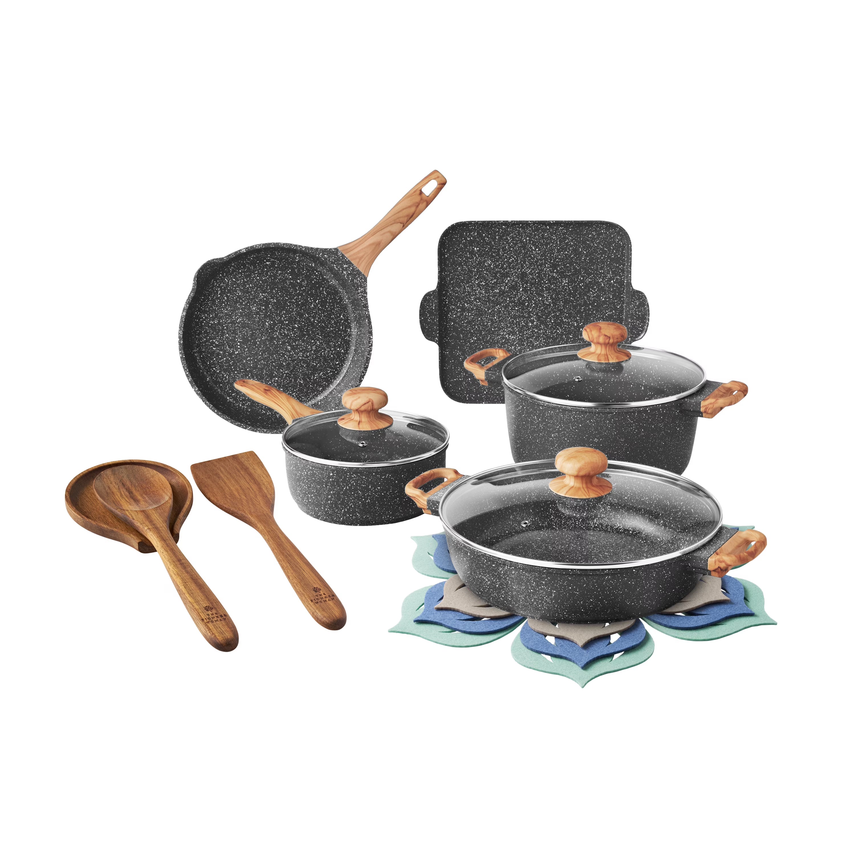 2026 New The Pioneer Woman Prairie Signature 14-Piece Cast Aluminum Cookware Set, Brown Speckle - Image 3