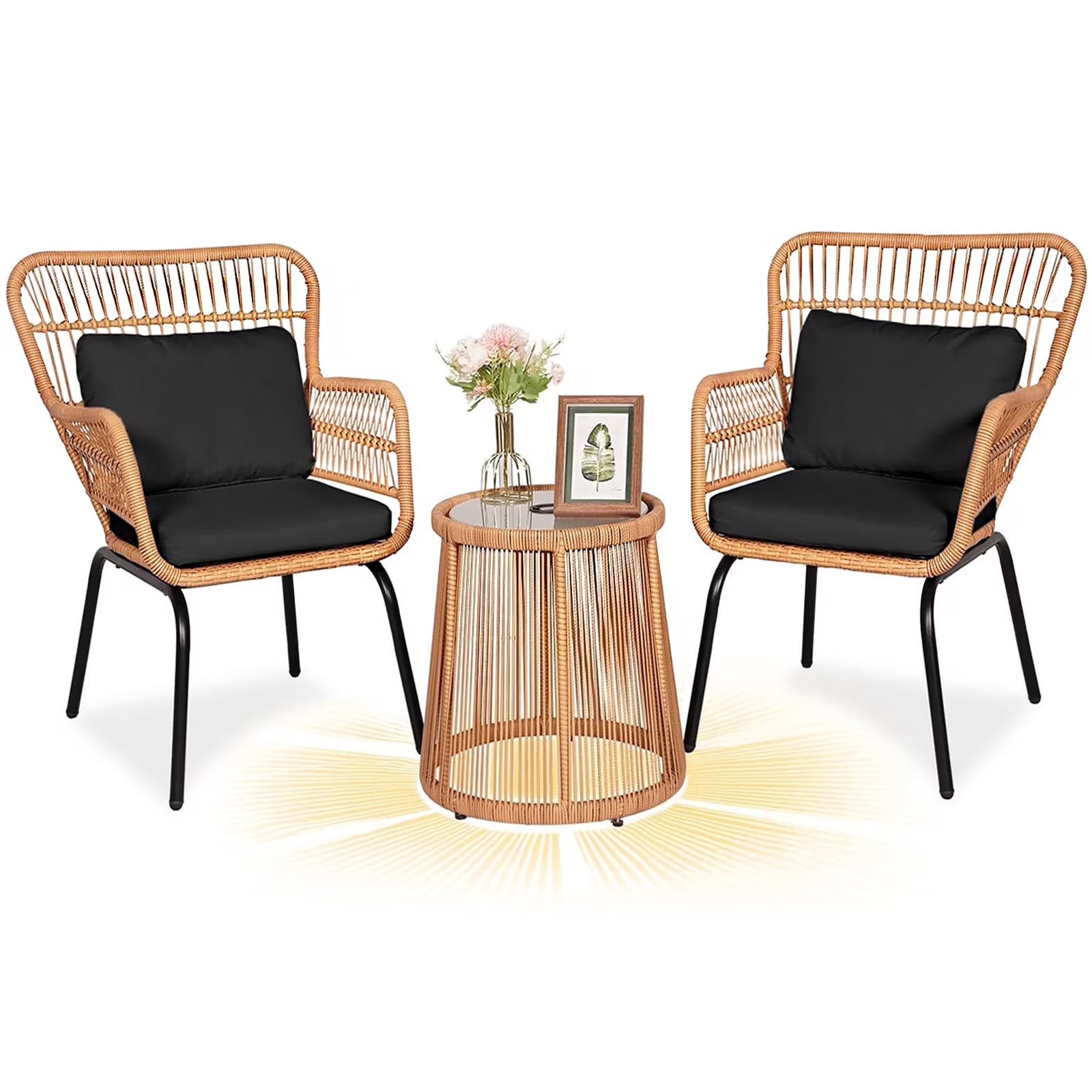 2026 New Tappio 3-Piece Patio Conversation Bistro Set Rattan Furniture, Outdoor Patio Set w/Glass Top Table & Cushions for Garden Balcony Backyard Poolside, Yellow/Beige - Image 5