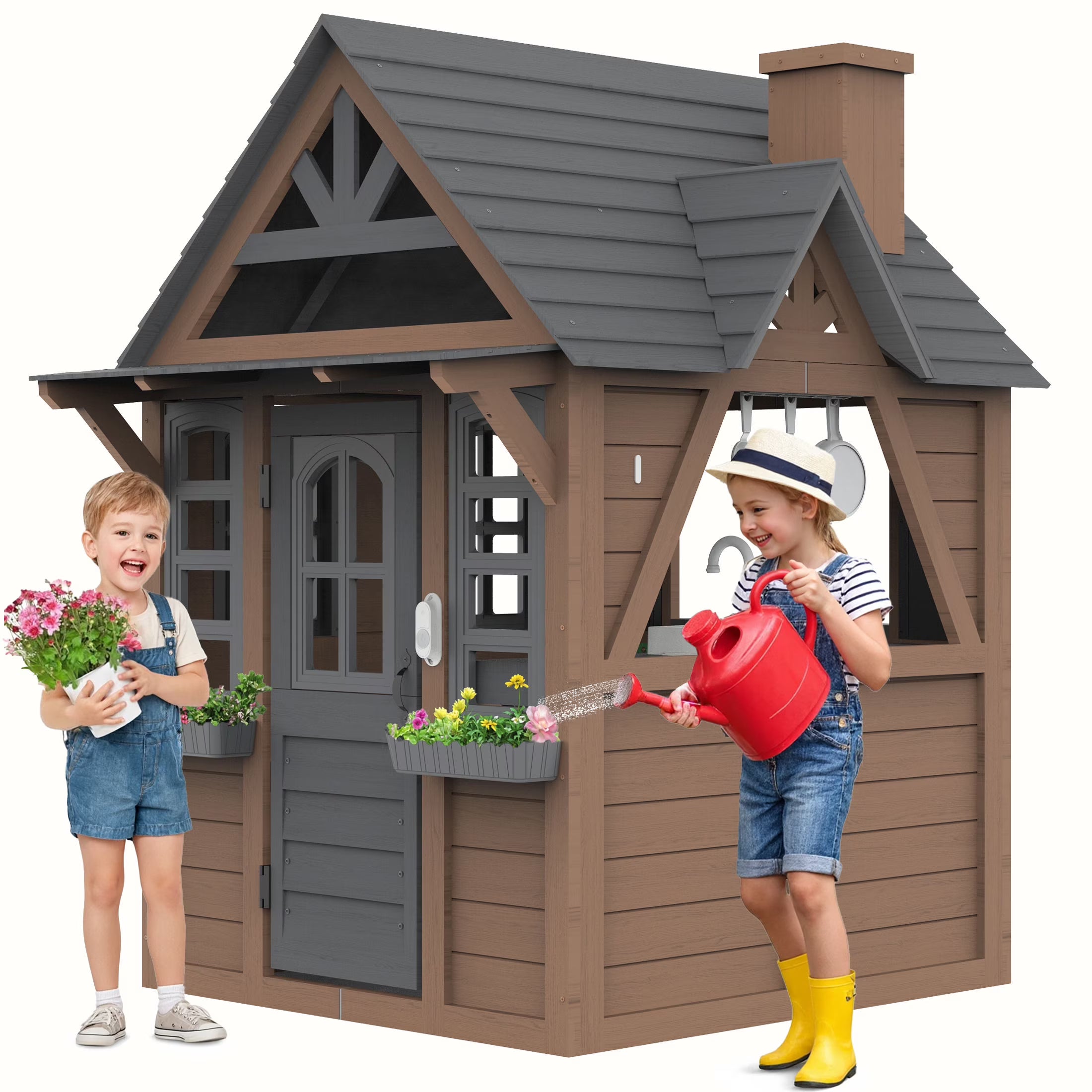 2026 New COCLUB Outdoor Playhouse for Kids Ages 4-8, Wooden Play House with Doorbell, Phone, Kitchen Toys, Outdoor Kids Play Equipment, Casa Para Niñas (45”L x 65”H), White & Black - Image 3
